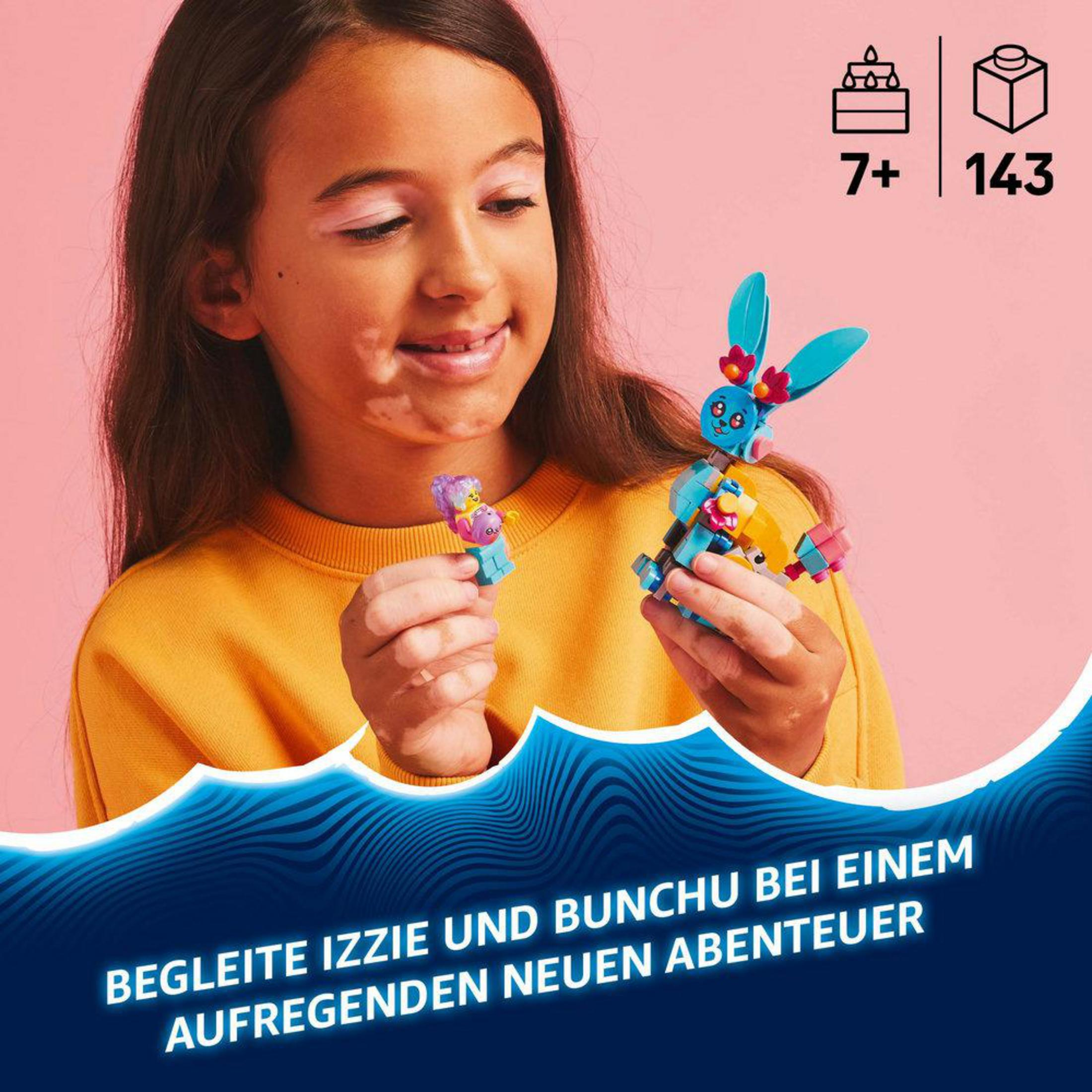 Una ragazza sorride mentre tiene in mano un coniglio Lego, con un testo in basso che promuove una nuova avventura.