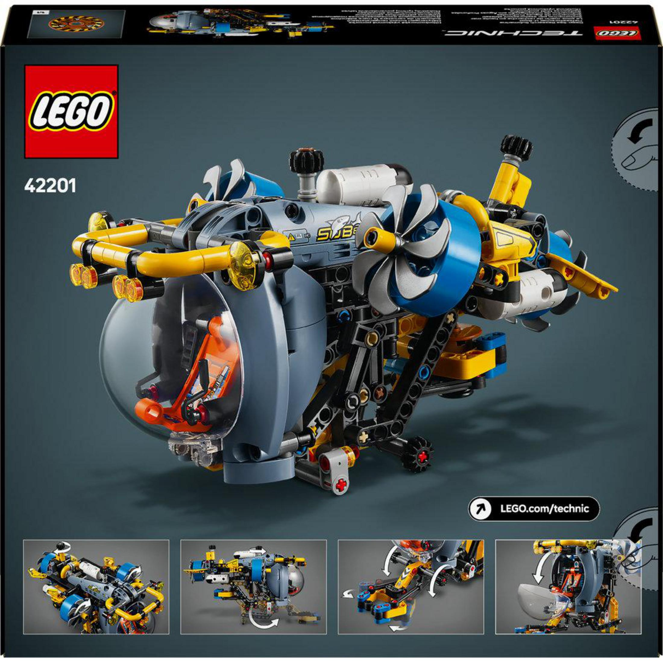 Lego Technic denizaltı modeli kutusunun arkası, modeli ve denizaltının detaylarını gösteriyor.