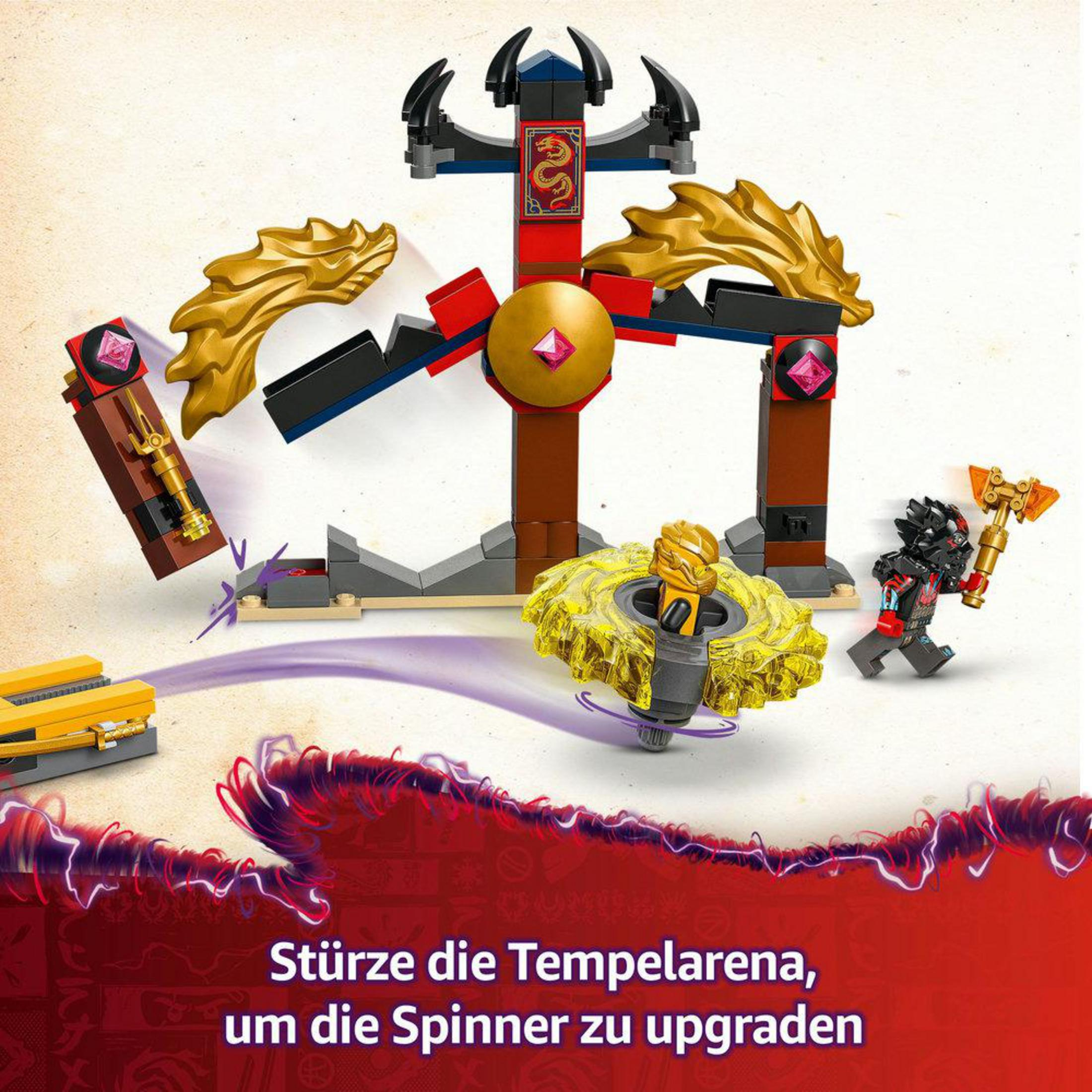 Un set de Lego con una peonza, figuras y una estructura. Varios colores, rojo y dorado.