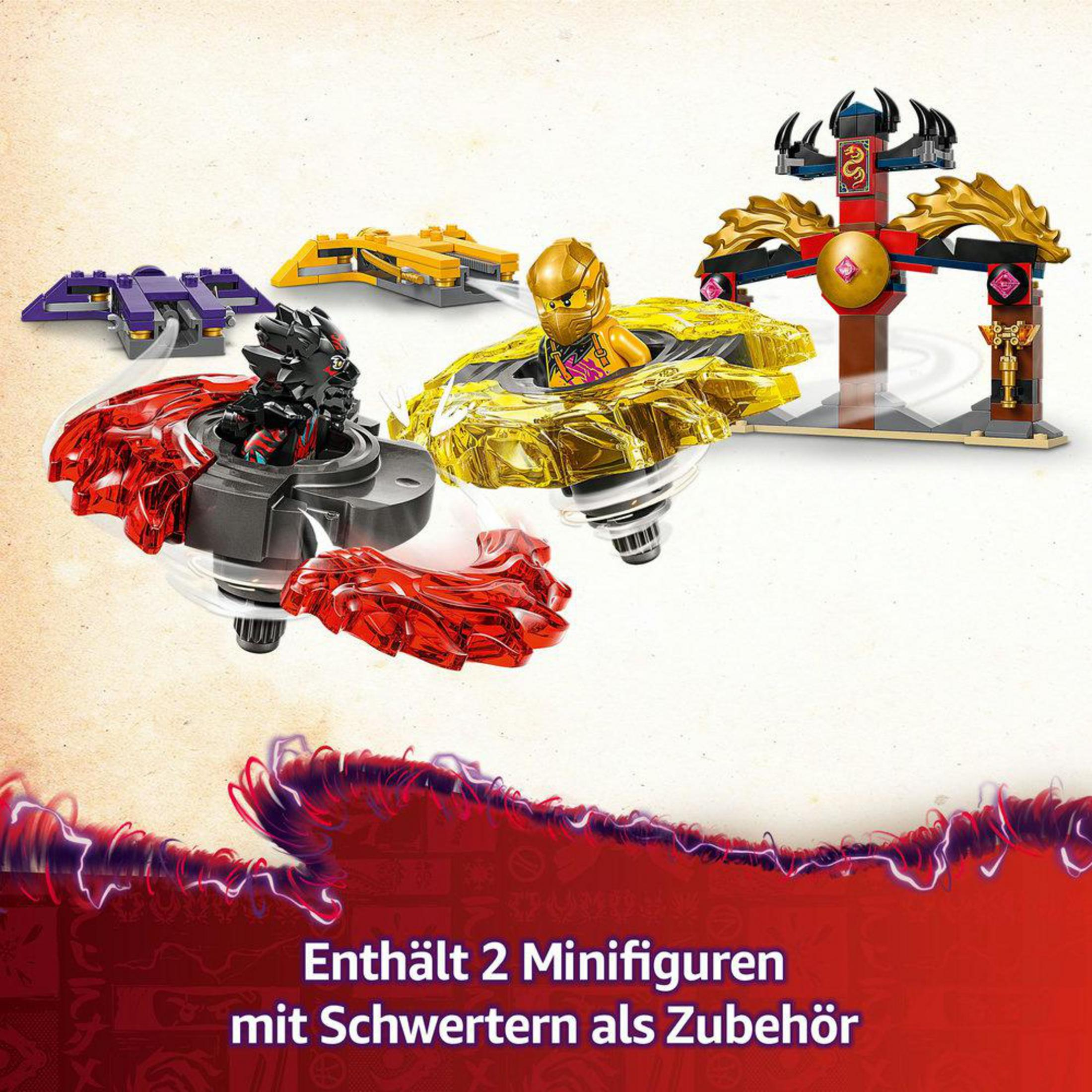 Set de Lego Ninjago con trompos y minifiguras en acción, contra un fondo dinámico.