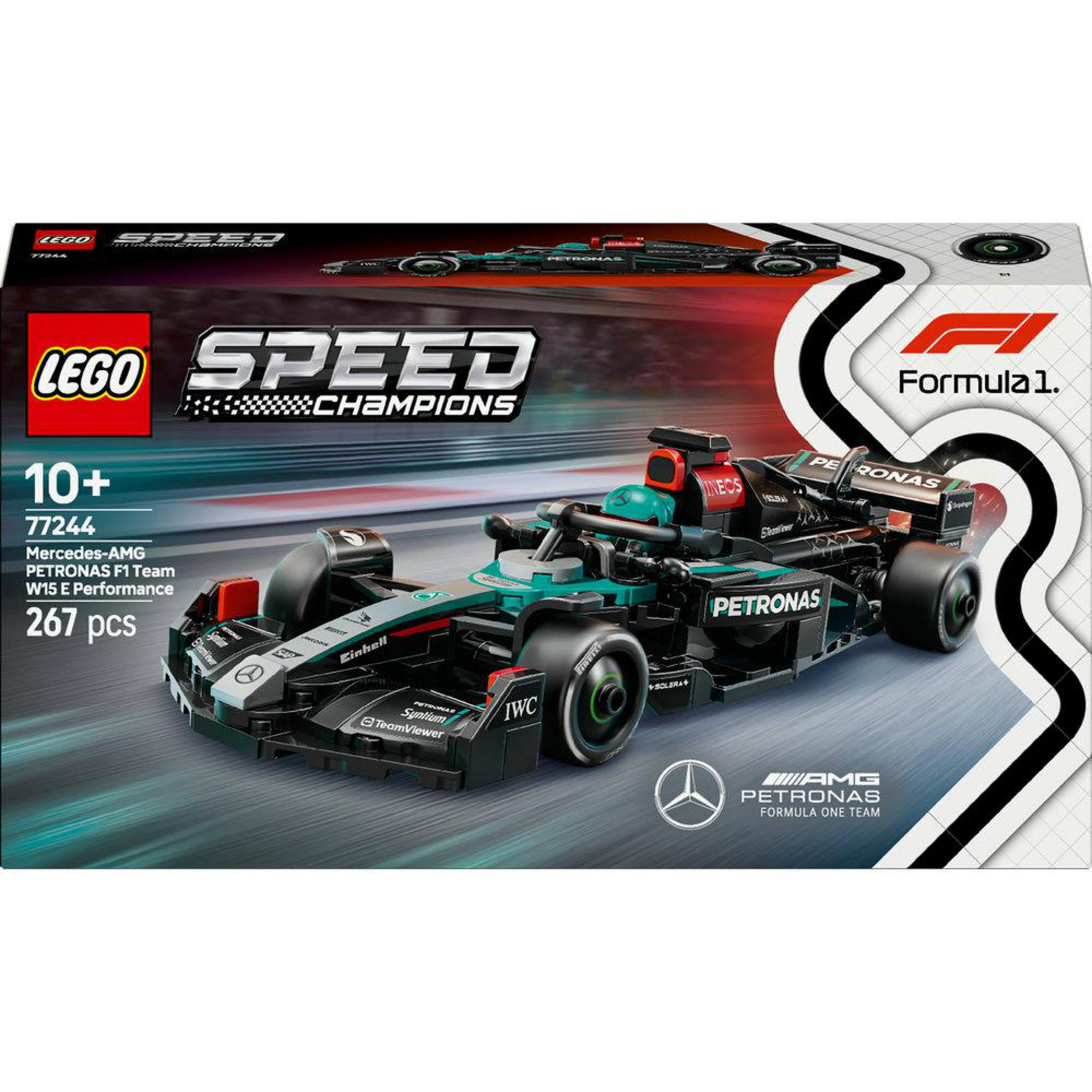 Zestaw Lego Speed Champions. Prezentowany jest model czarno-turkusowego samochodu Mercedes-AMG Petronas F1.