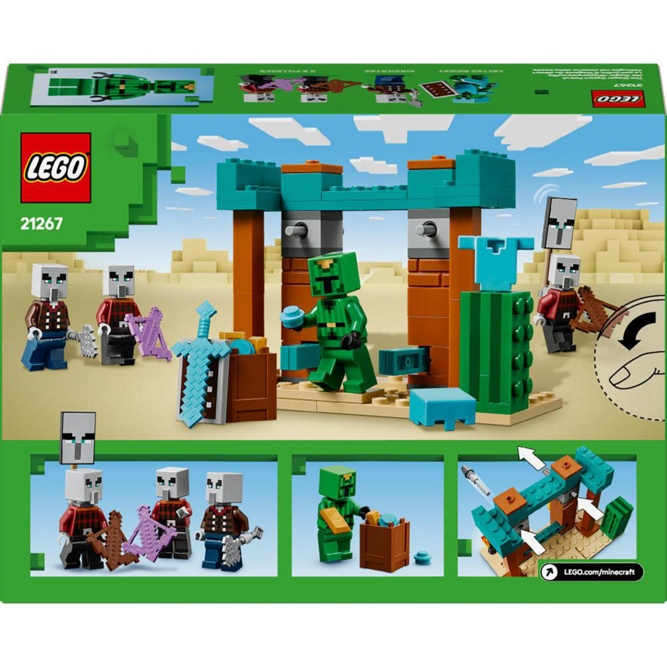 Lego set: Minecraft scène met figuren, structuren en een doos. Bevat diverse kleuren en vormen.