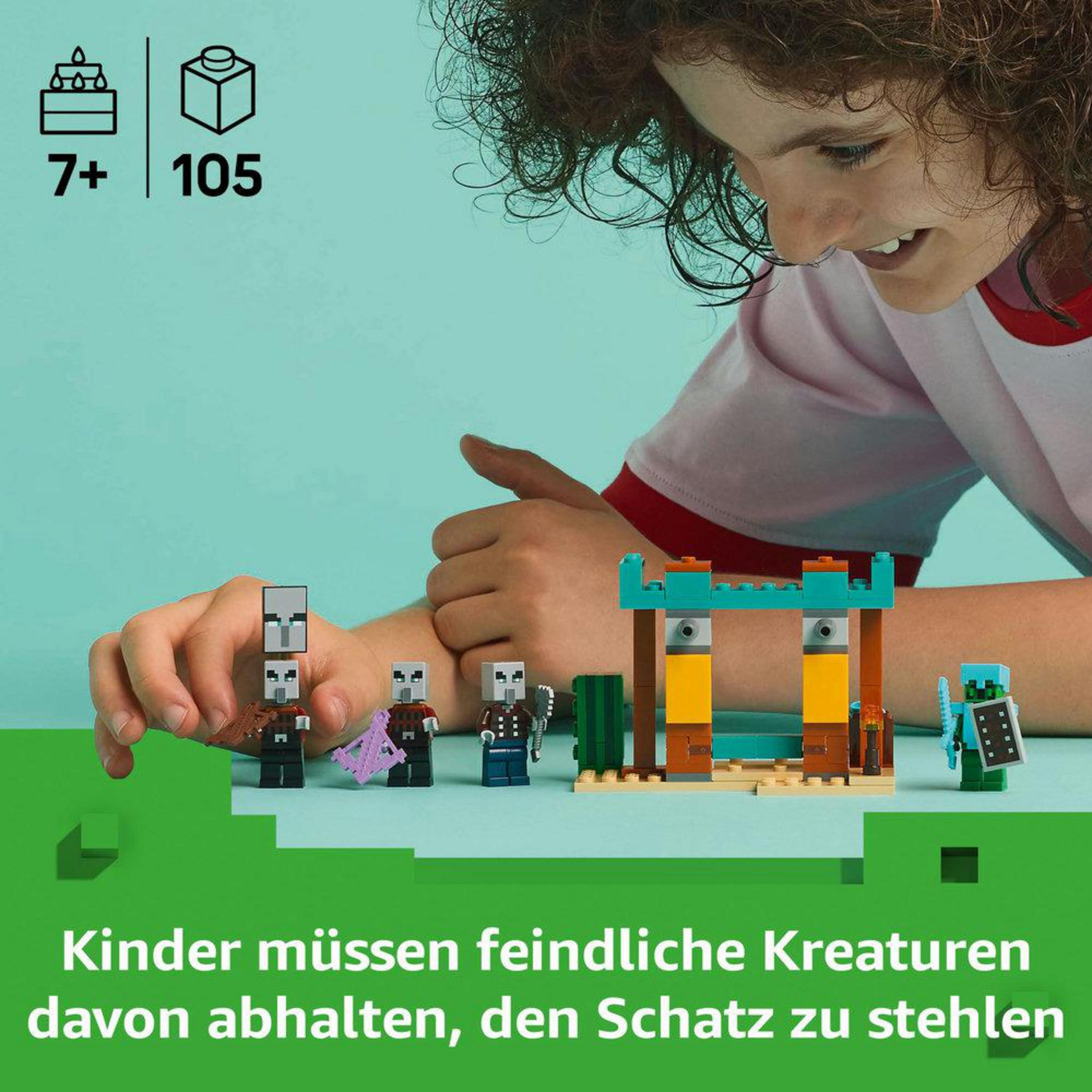 Een kind speelt met een Lego Minecraft set. De set en de stukken staan op een turquoise achtergrond.