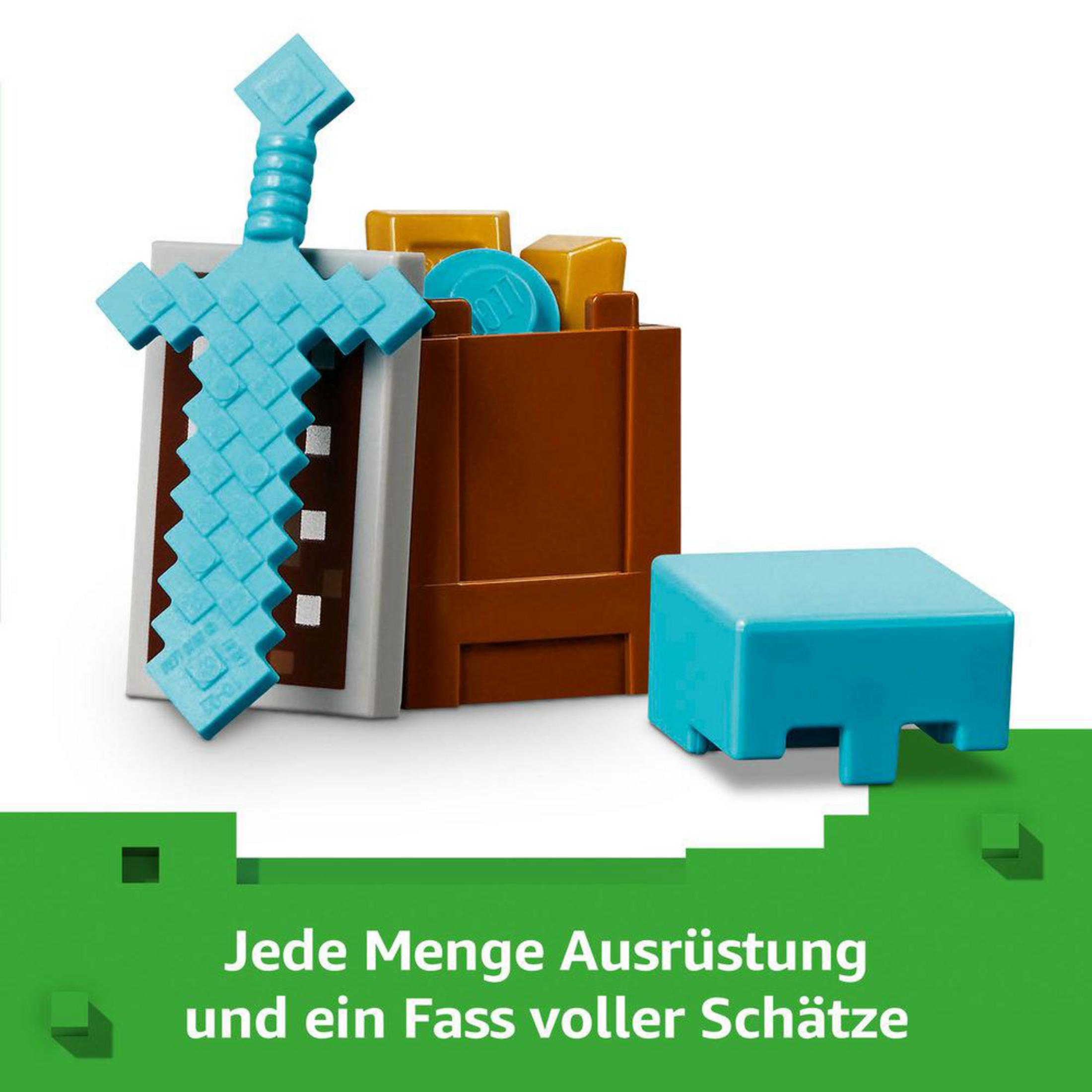 Lego Minecraft set met blauw zwaard, houten kist en schat. Groene achtergrond.