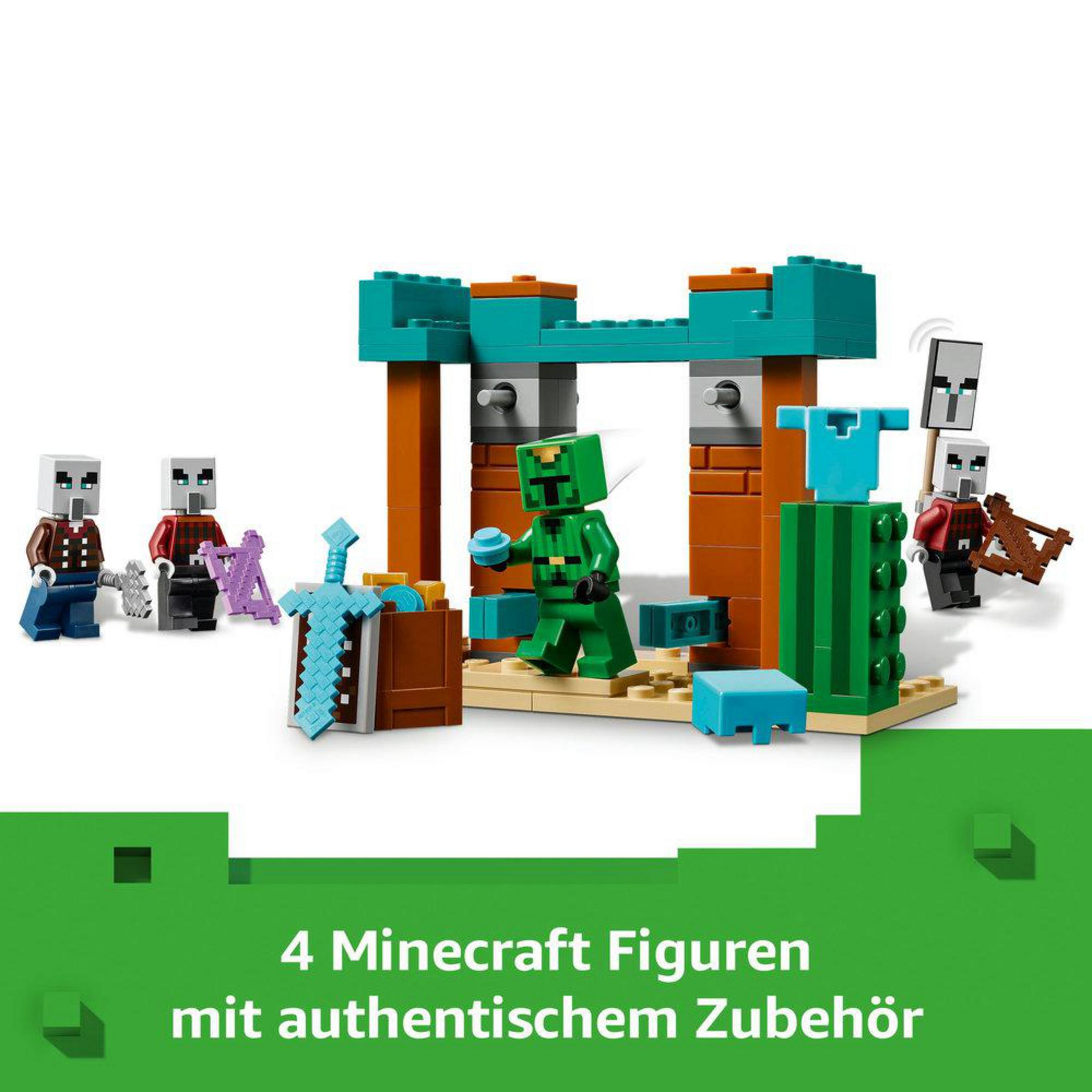 LEGO Minecraft set met figuren, blokken en een bouwstructuur.