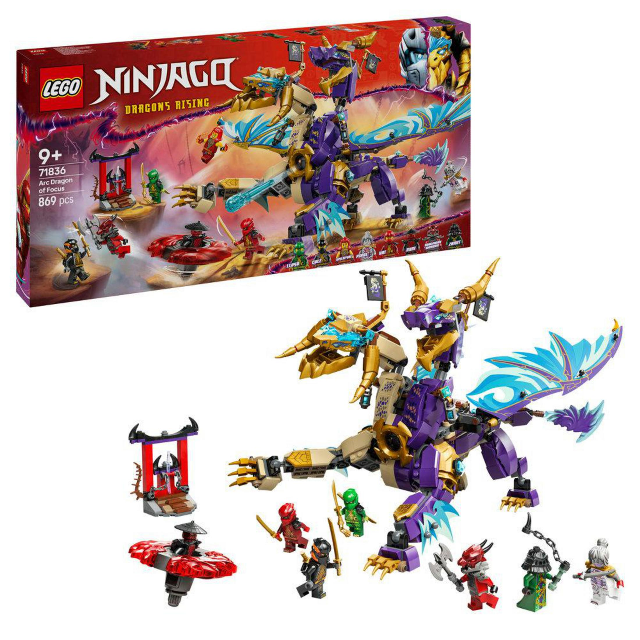 Scatola del set LEGO Ninjago e drago costruito con personaggi.