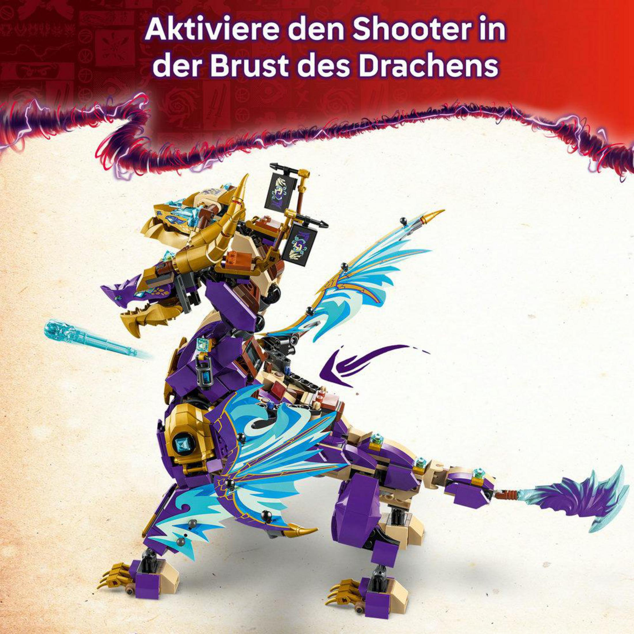 Model smoka Lego. Model jest fioletowo-złoty z niebieskimi skrzydłami i jasnoniebieskim pociskiem.