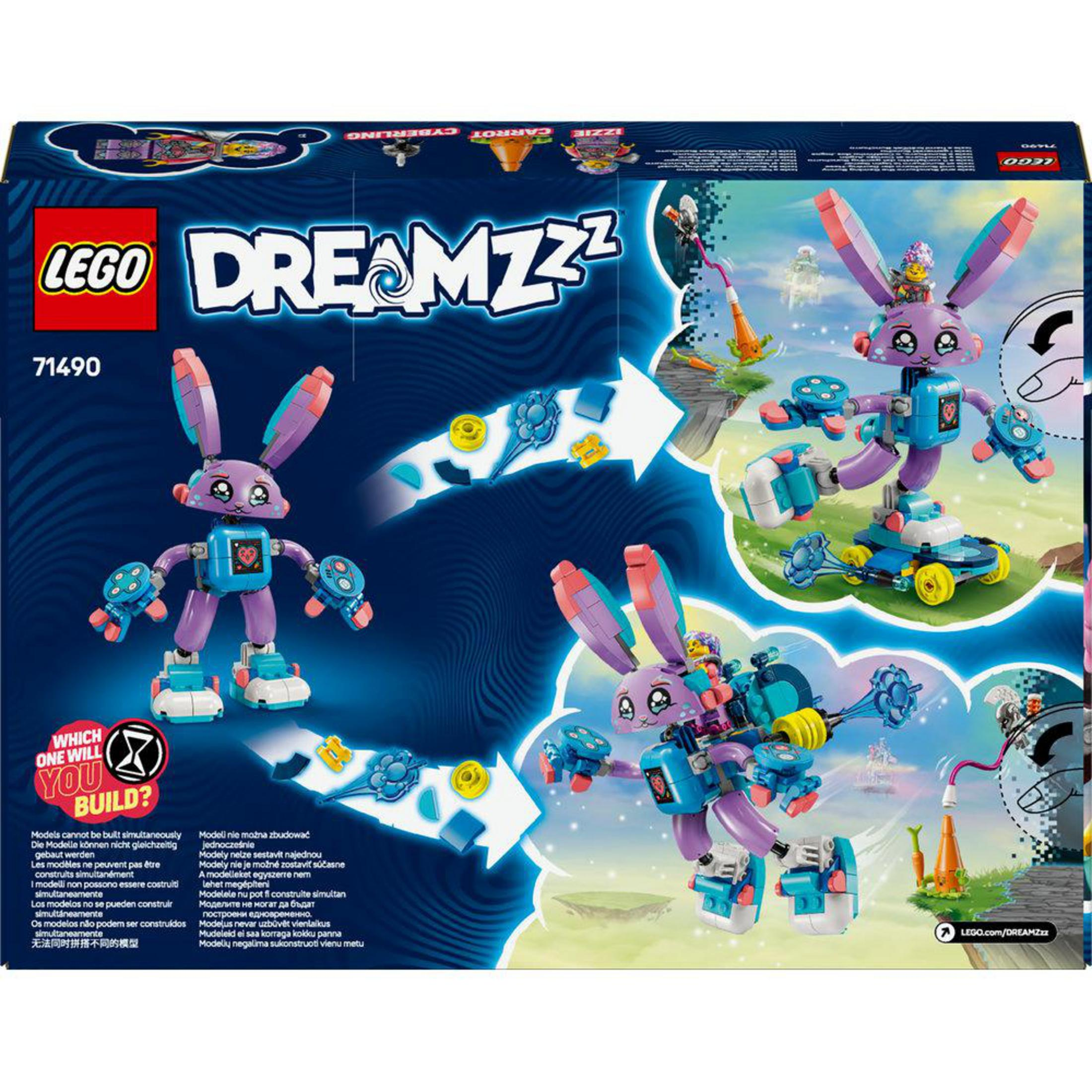 Caja de Lego con conejos. Los conejos son azules y morados. Fondo blanco.
