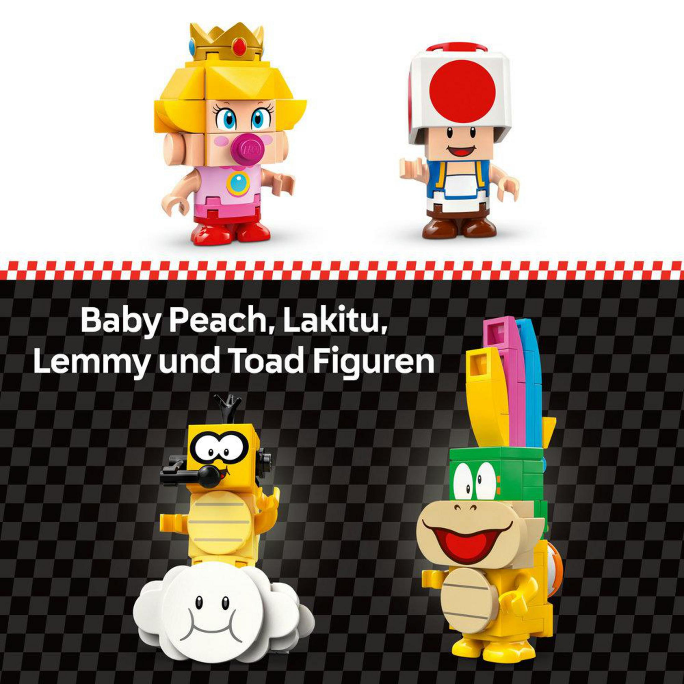 Figuras Lego de Bebé Peach, Lakitu, Lemmy y Toad. Sobre un fondo a cuadros.