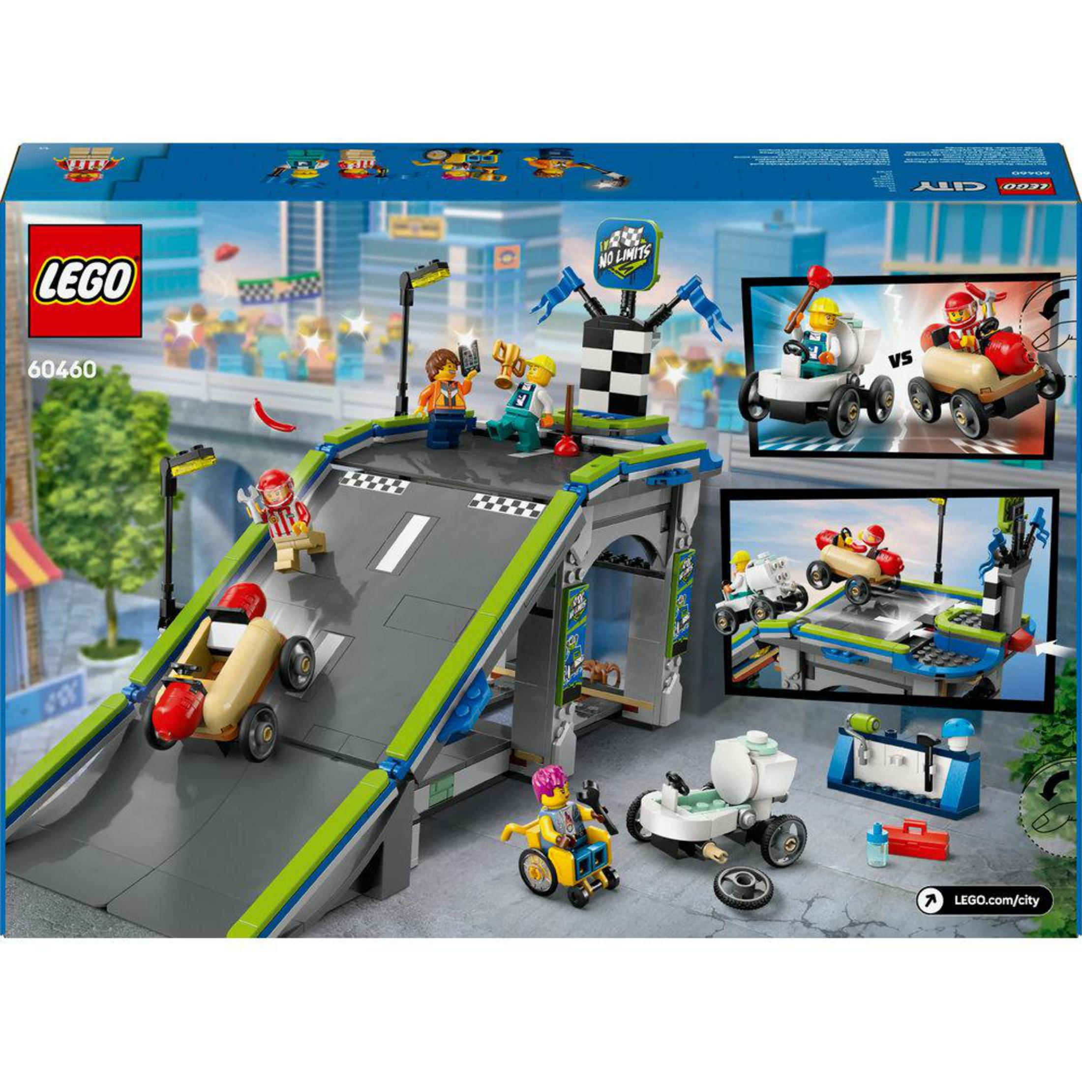 Set de caja de pista de carreras Lego City con coches de carreras y personajes.