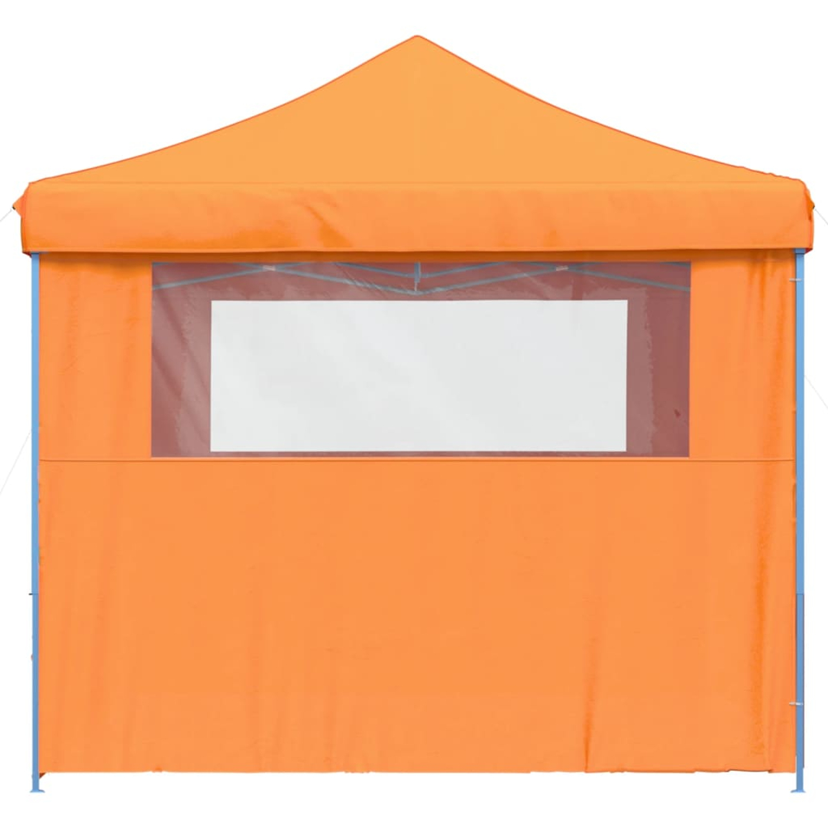 Ein orangefarbenes Pop-up-Zelt mit einem weißen rechteckigen Fenster, vor weißem Hintergrund.