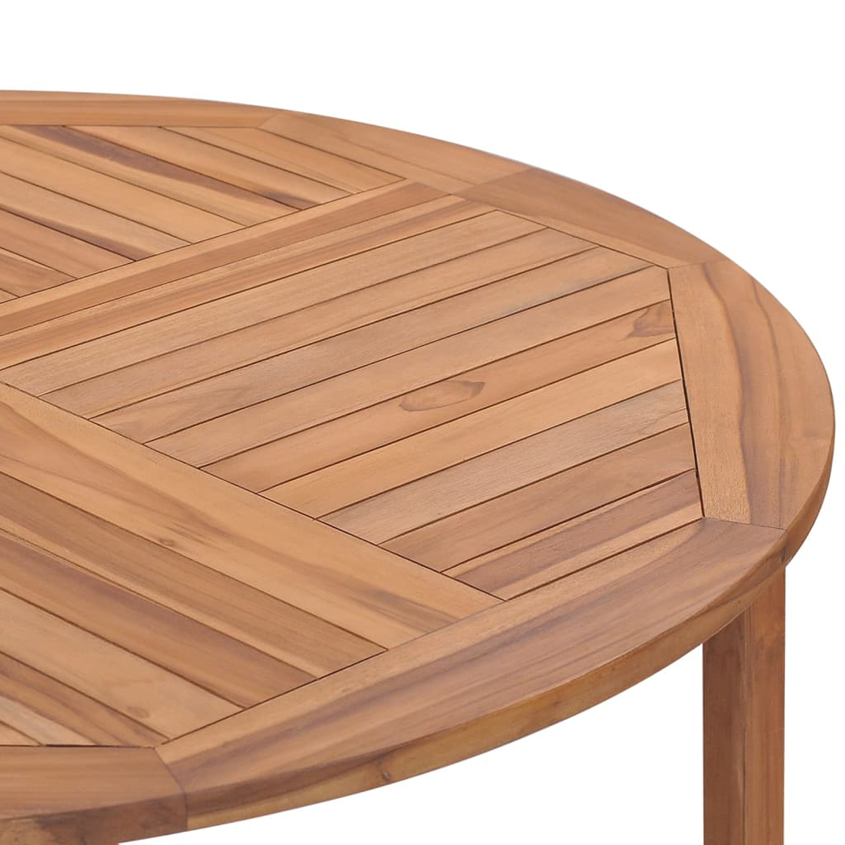 Nahaufnahme einer runden Tischplatte aus Holz. Die Holzmaserung ist mit diagonalem Muster sichtbar.