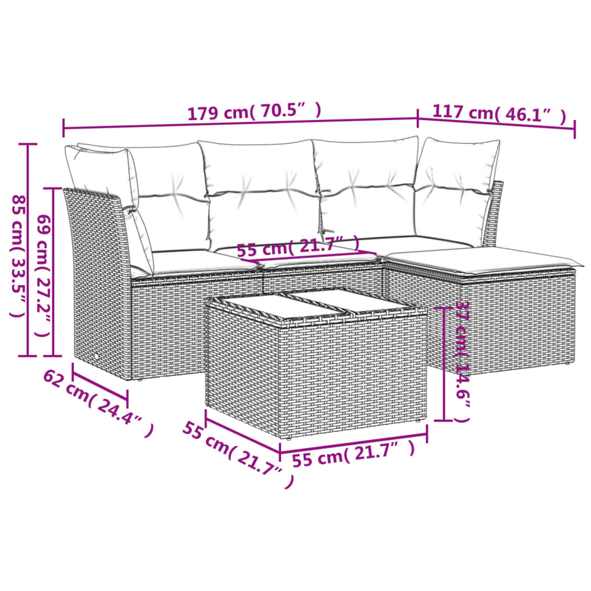 Rattan-Sofa mit grauen Kissen und einer grauen Ottomane, Abmessungen in cm und Zoll angegeben.