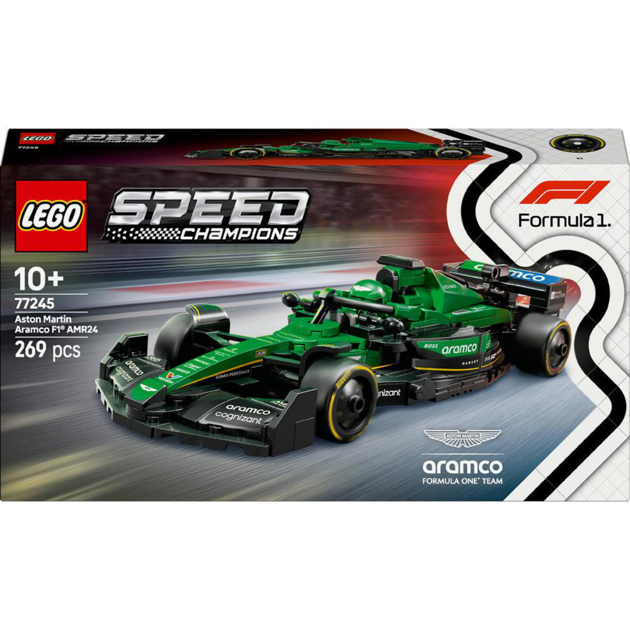 Pudełko Lego Speed Champions Aston Martin F1 AMR24 z zielonym modelem samochodu wyścigowego.