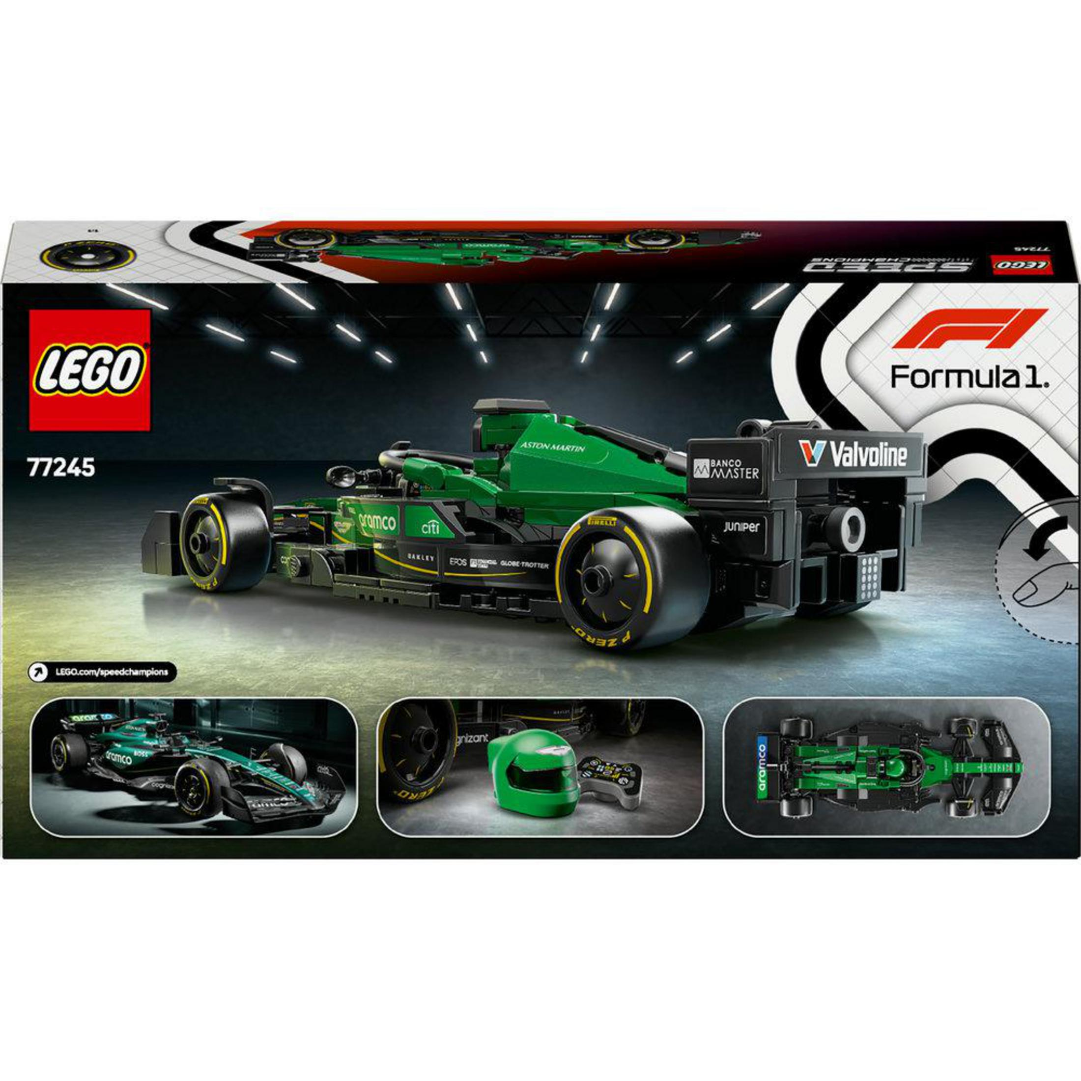 Model Lego Formuły 1 Aston Martin, zielony samochód wyścigowy, na czarnym tle.