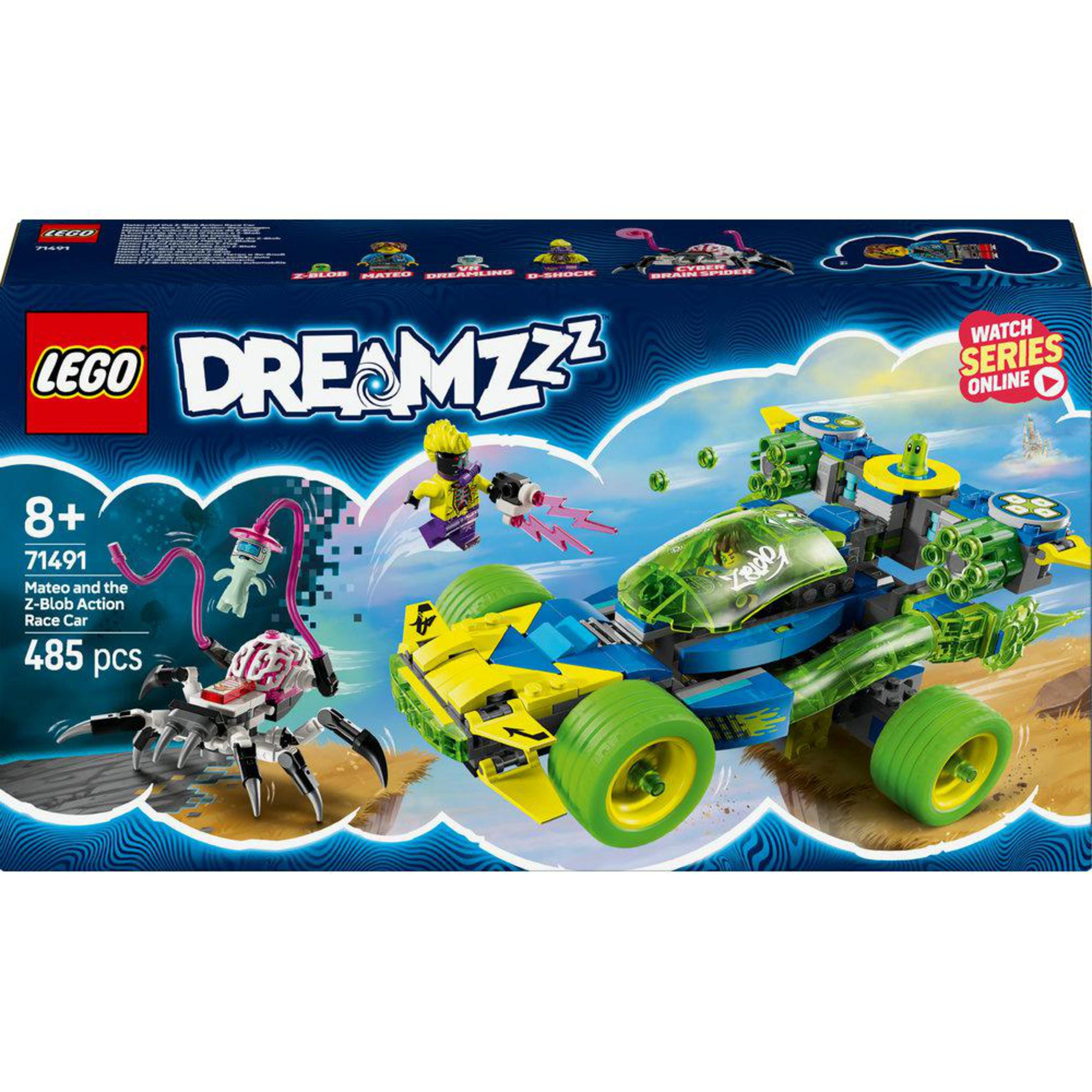 Zestaw Lego Dreamzzz Race Car z niebiesko-żółtym modelem samochodu wyścigowego.