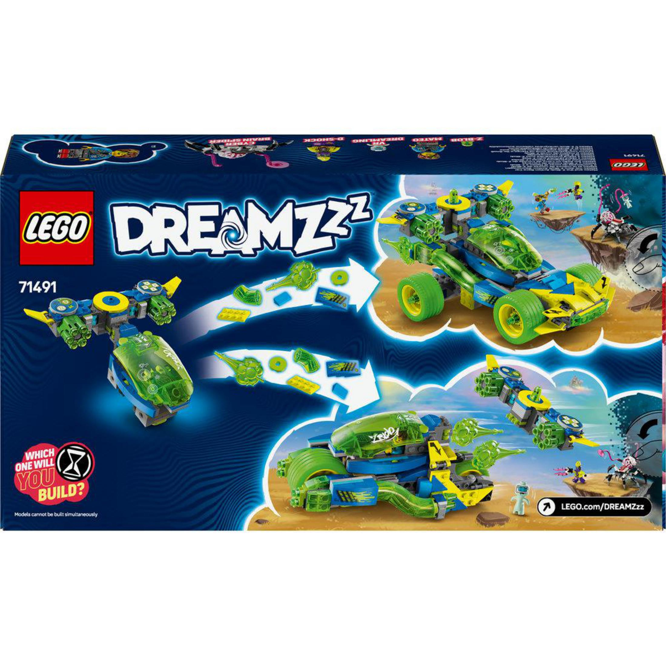 De achterkant van een LEGO DREAMZzz doos met meerdere modellen. De doos is kleurrijk en heeft meerdere afbeeldingen.