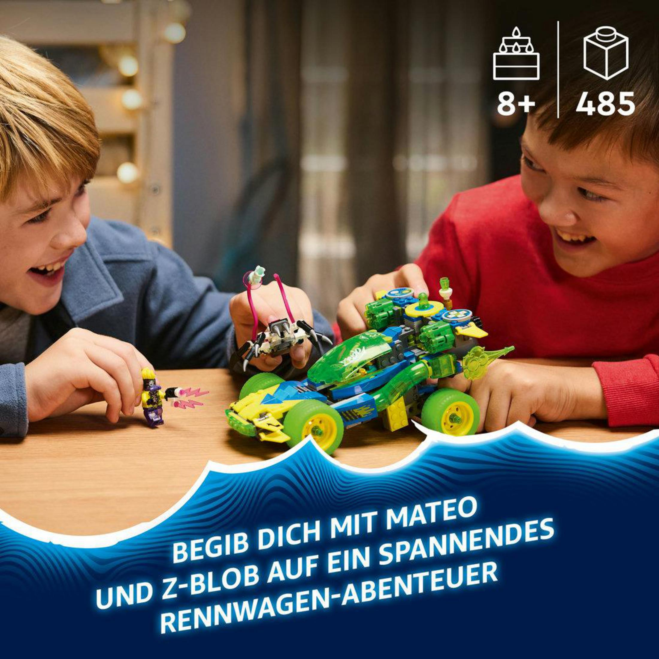 Dwoje dzieci z zestawem samochodów Lego. Tekst: 'Zacznij z Mateo'.