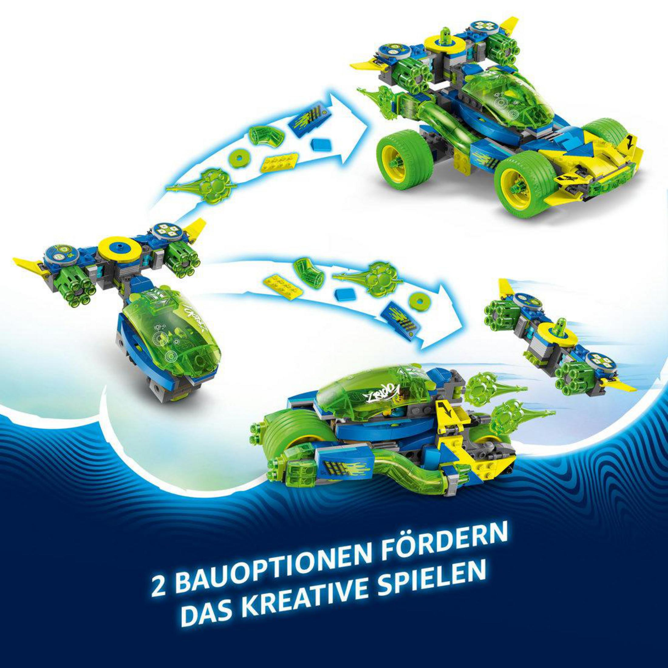 Zestaw Lego z pojazdami, konwertowalny na dwa różne projekty, niebieski i zielony.