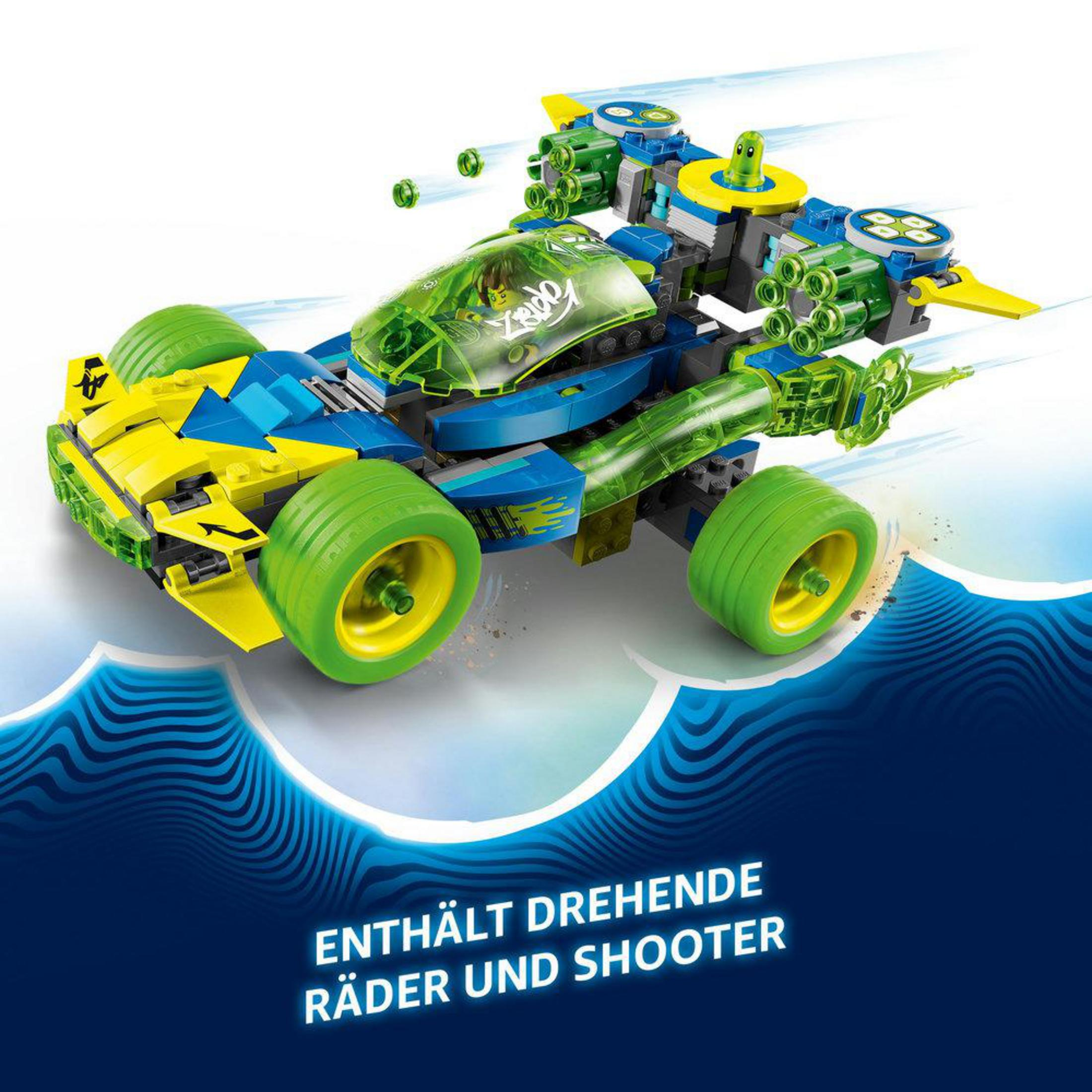 Model samochodu wyścigowego Lego Dreamzzz w kolorze niebiesko-żółtym, z zielonymi kołami i strzelcami.