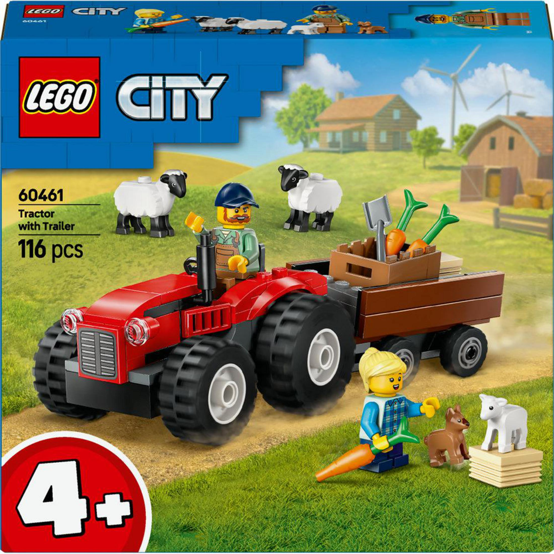 Lego City Traktor mit Anhänger-Set, mit rotem Traktor und Bauernhoffiguren.