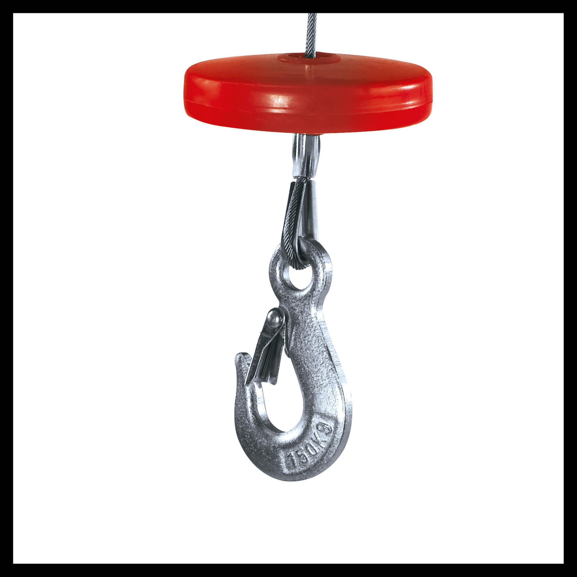 Ein rotes, kreisförmiges Objekt mit einem Metallhaken, der daran hängt. Der Haken ist silberfarben und hat eine Gewichtsgrenze von 150 kg.