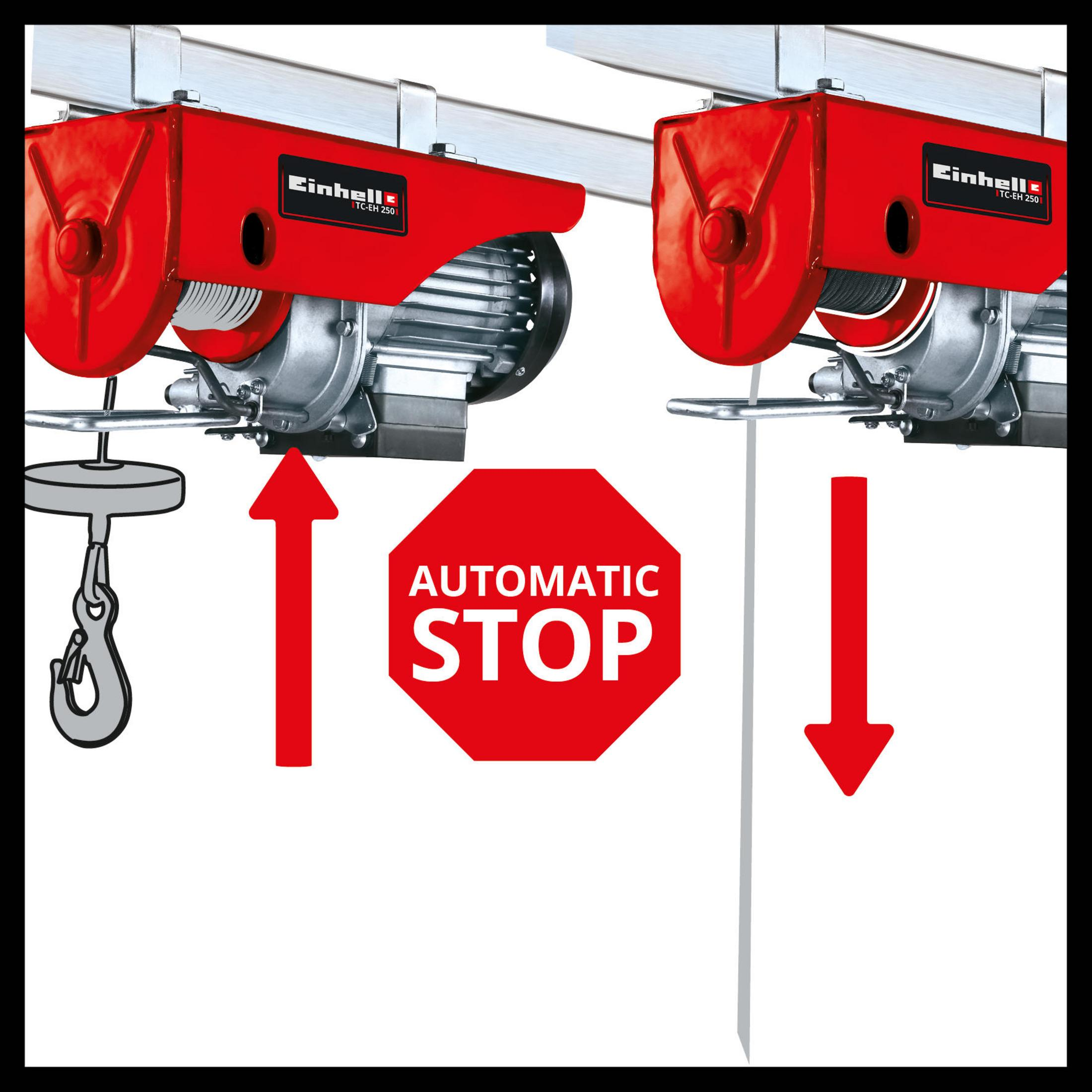 Roter Elektro-Hebezug mit automatischem Stoppschild und Pfeilen. Zeigt die Auf- und Abwärtsrichtung des Hebezeugs.