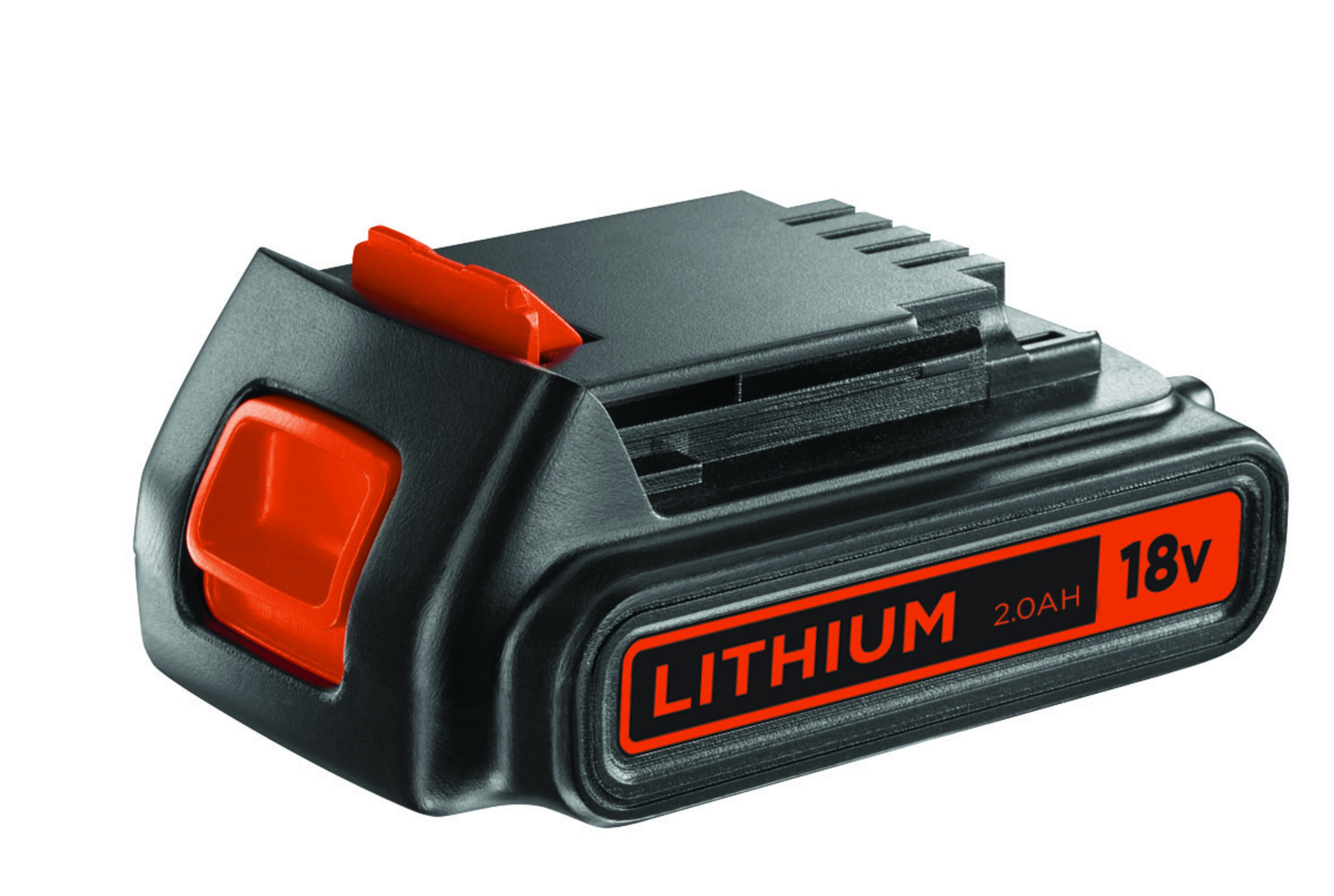 Czarny i pomarańczowy akumulator litowo-jonowy Black+Decker 18V. Widoczny pomarańczowy przycisk zwalniający.