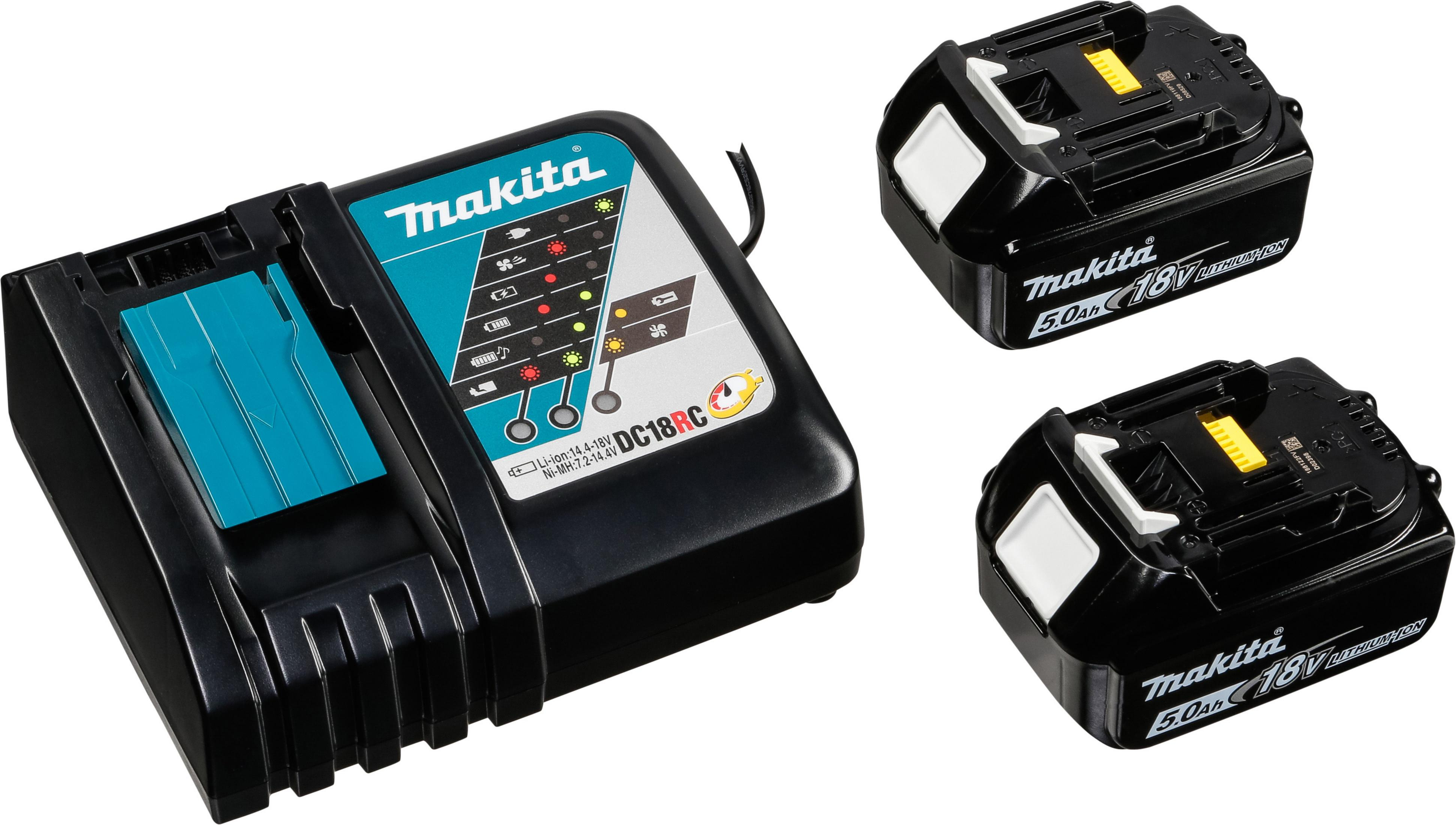 Makita-Ladegerät und zwei schwarze Makita-Akkus, alles vor weißem Hintergrund.