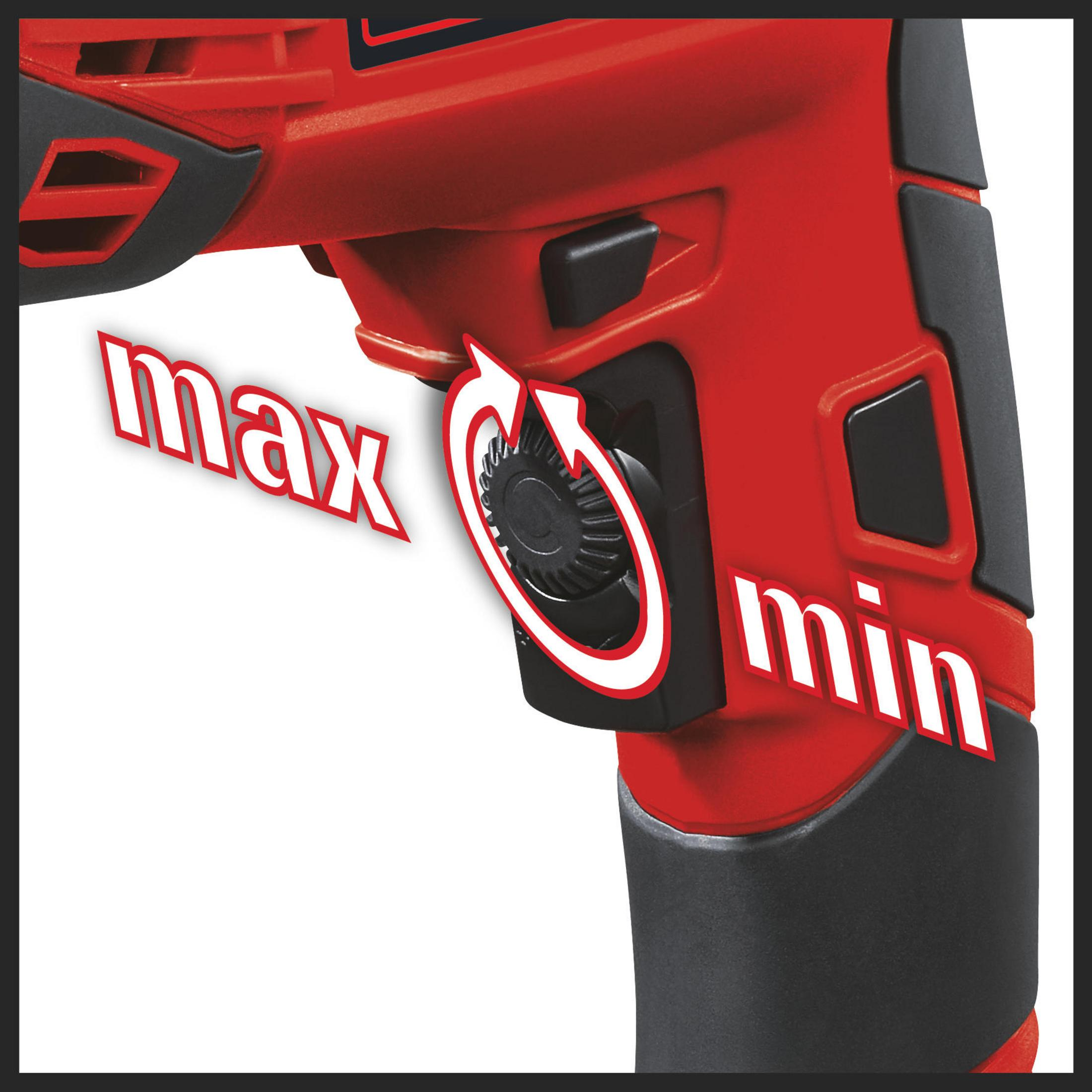 Primo piano di un utensile elettrico rosso. L'immagine mostra un quadrante con indicazioni max e min.