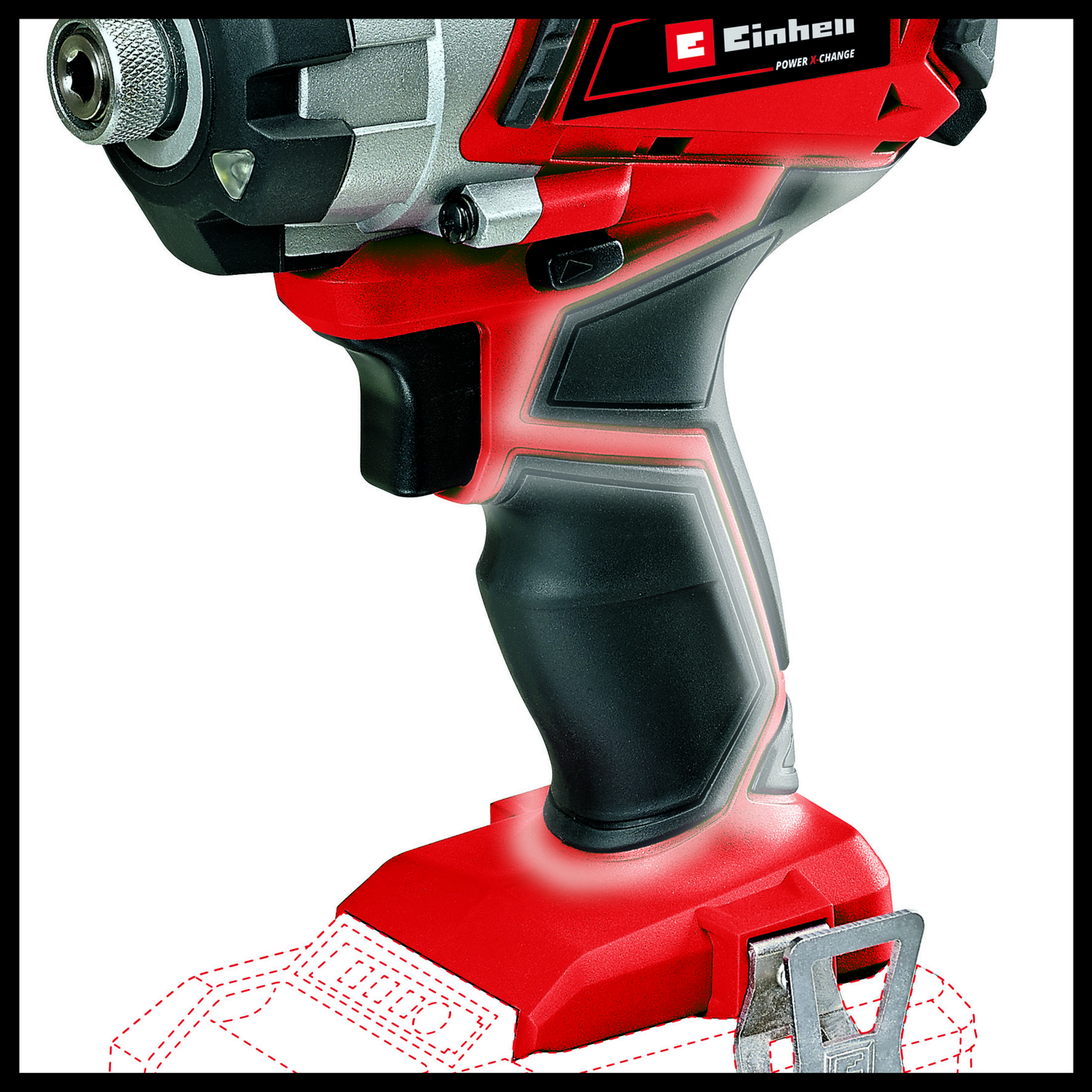 Czerwono-czarne elektronarzędzie, zbliżenie. Czerwony korpus, czarny uchwyt, białe tło.