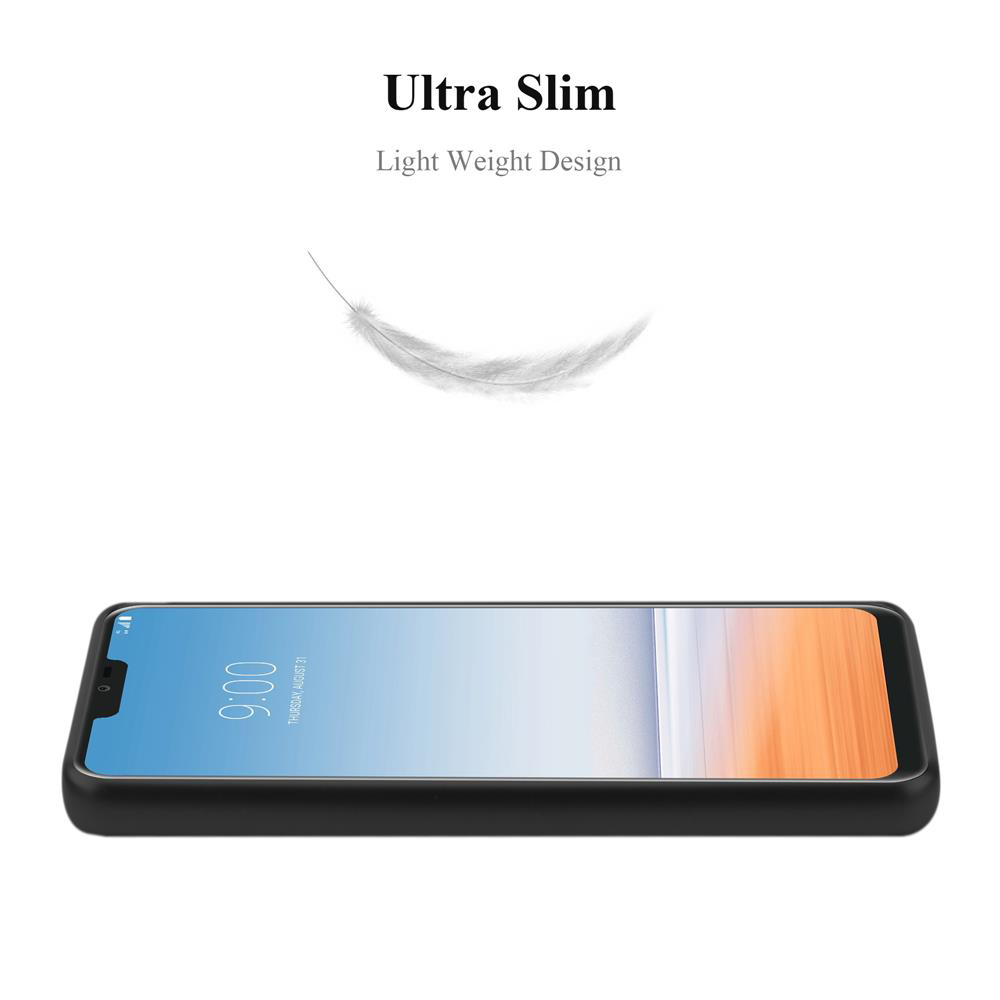 Telefono nero su sfondo bianco. Testo: Ultra Slim, Light Weight Design. Una piuma fluttua.