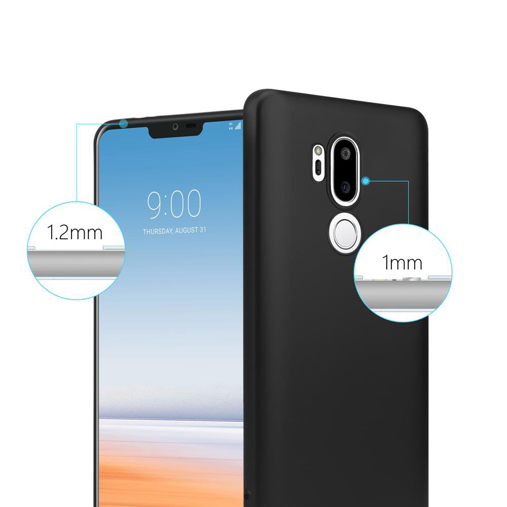 Telefono nero con custodia nera. Lo schermo mostra l'ora e le funzioni.