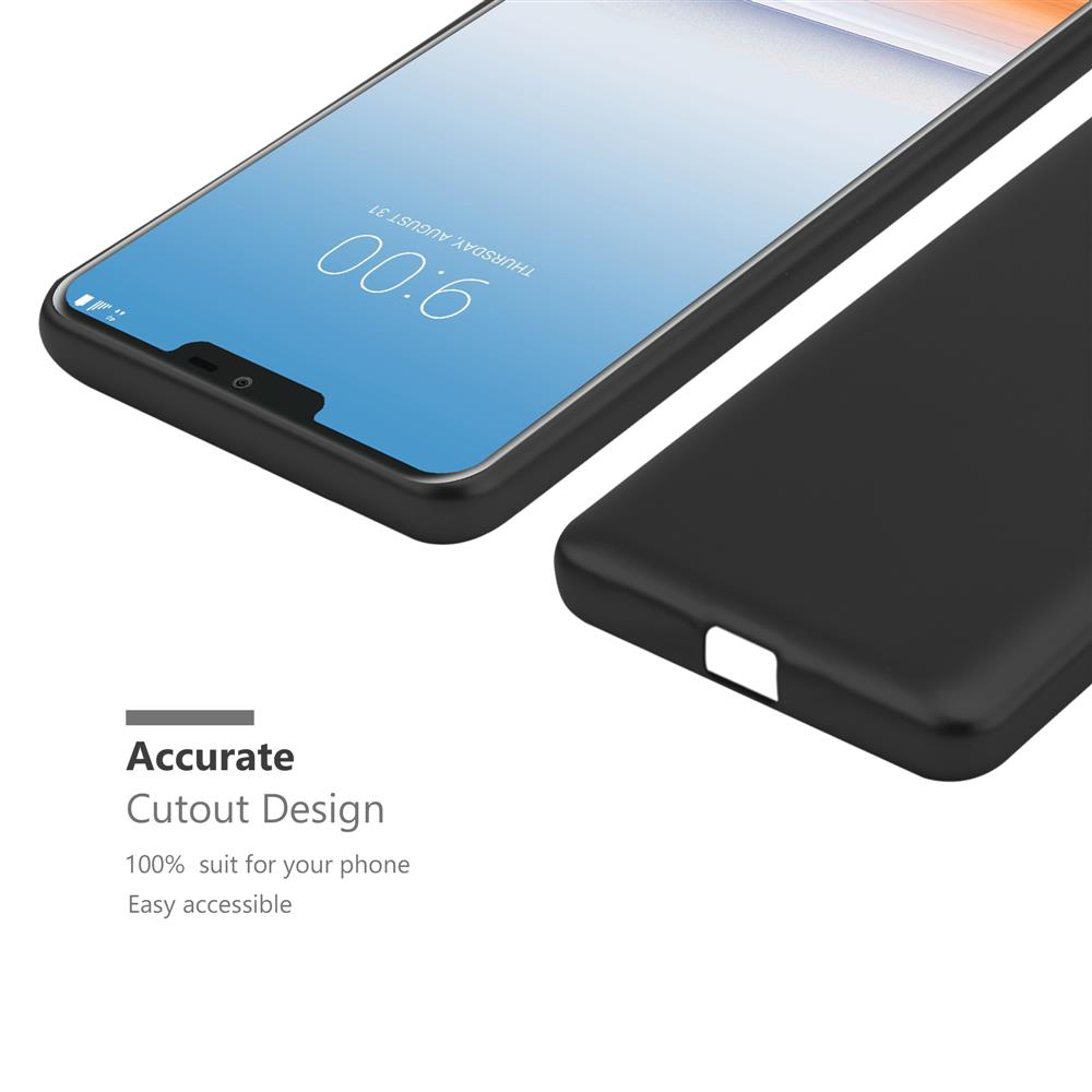 Custodia nera per telefono con schermo che mostra l'ora 9:00. Il testo 'Accurate Cutout Design'. Sfondo bianco.