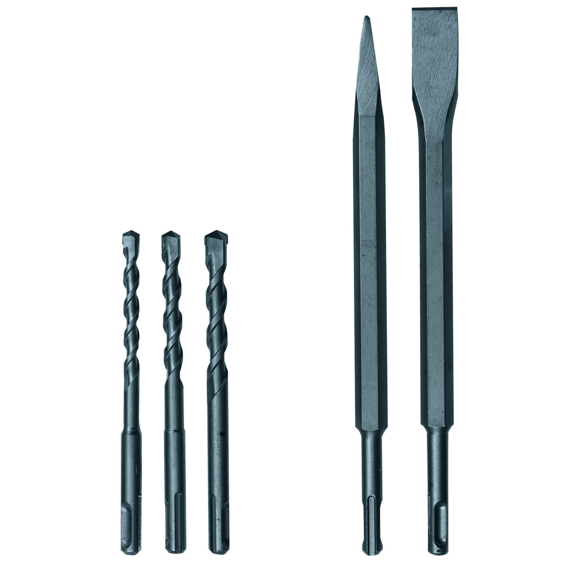 Ein Satz Bohrer und Meißel. Die Bits sind spiralförmig und die Meißel flach und spitz.