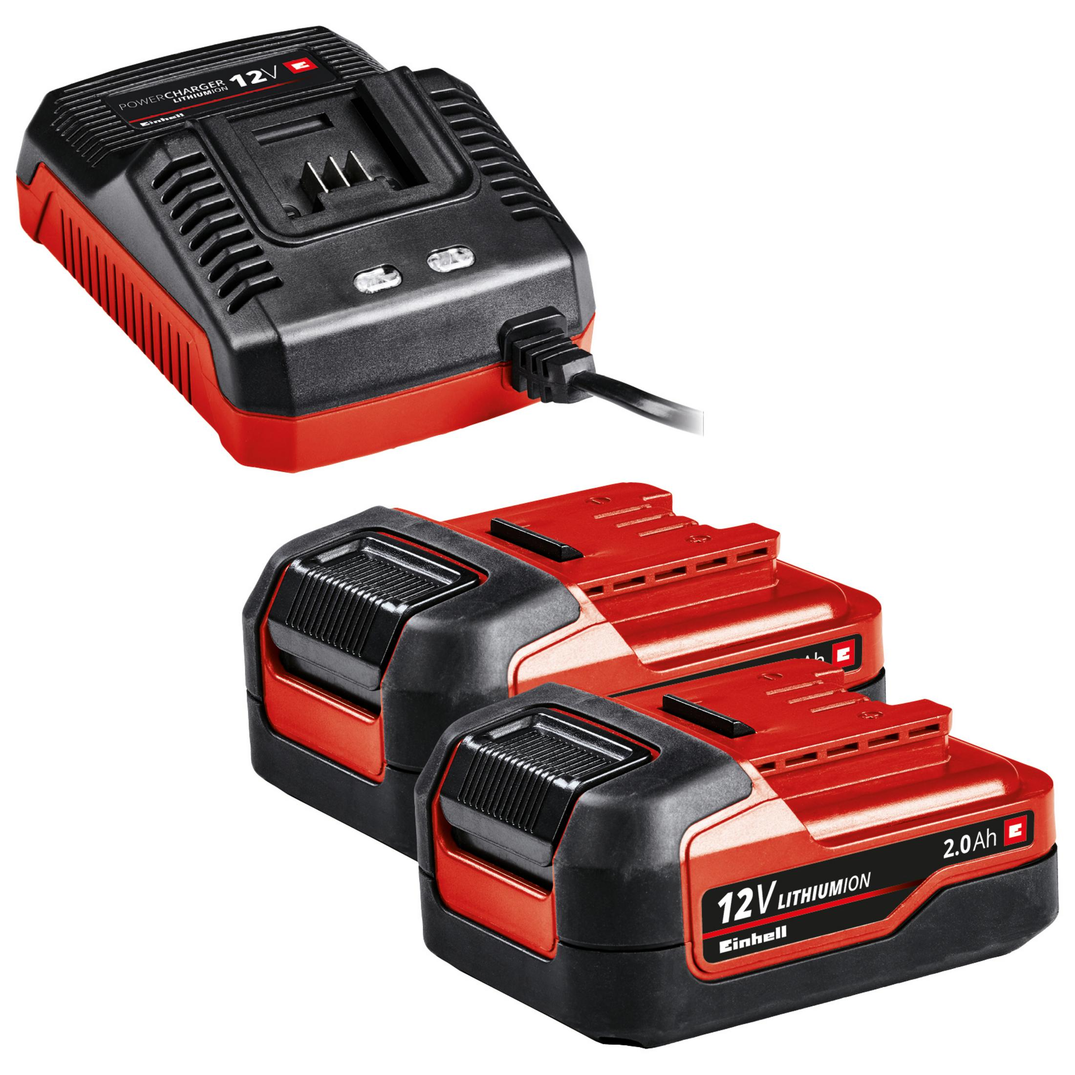 Ladegerät und zwei 12V-Akkus. Ladegerät ist schwarz und rot. Batterien sind rot und schwarz. Marke ist Einhell.