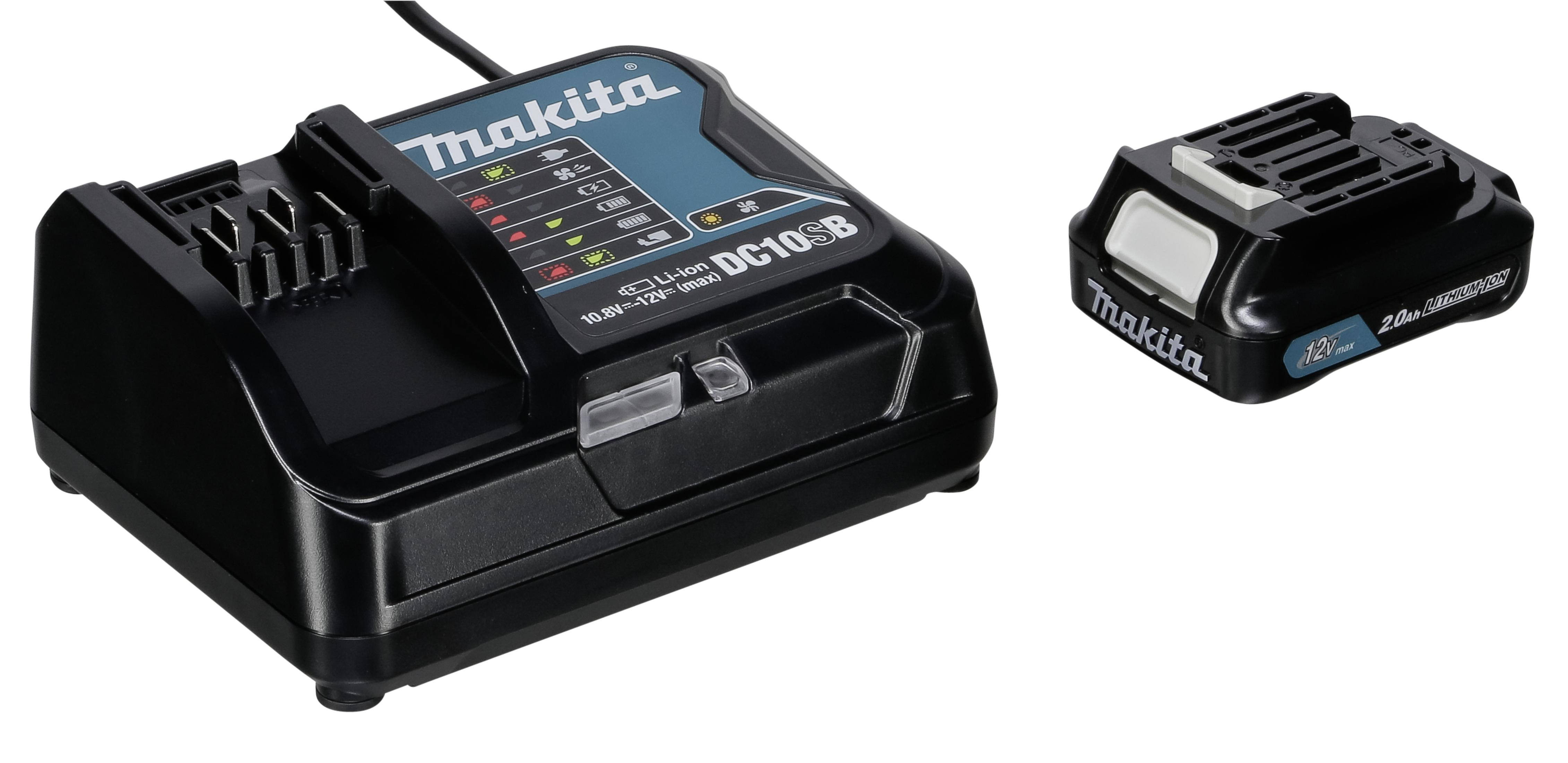 Schwarzes Batterieladegerät mit einer schwarzen Batterie daneben, beide auf einer weißen Oberfläche.