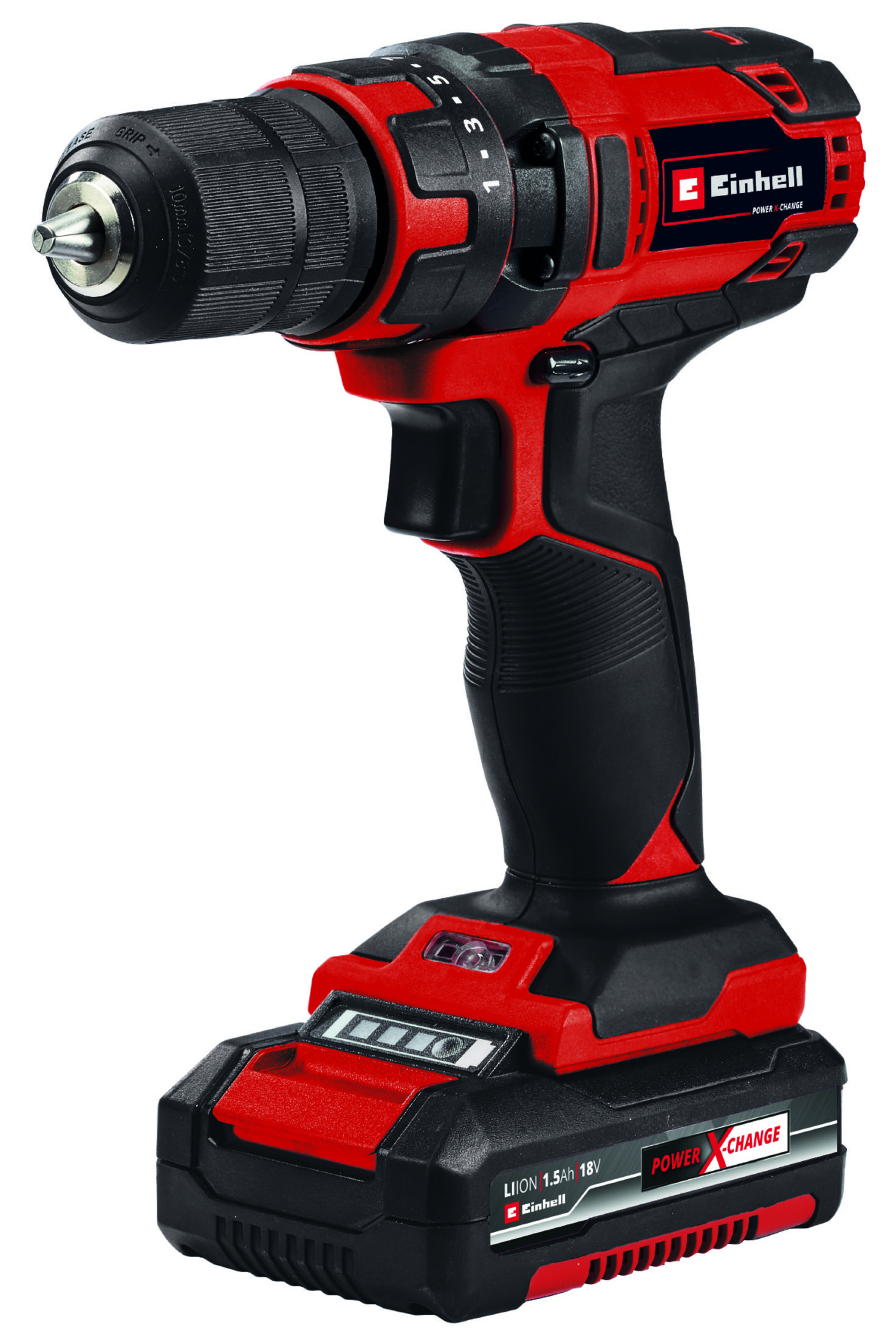 Trapano avvitatore rosso e nero con batteria rossa, su sfondo bianco.