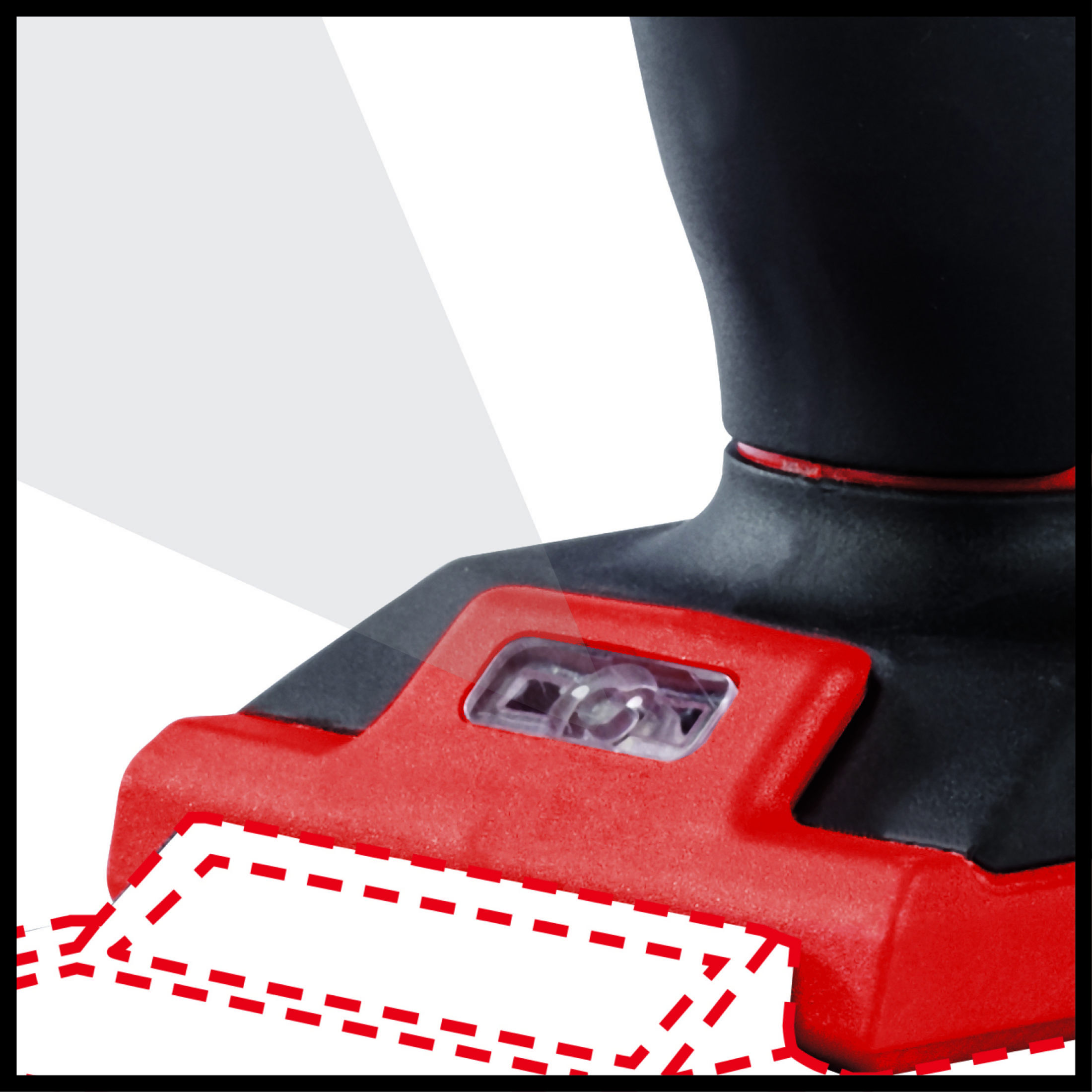 Nahaufnahme des roten Sockels eines Akku-Bohrers mit einer Leuchte.