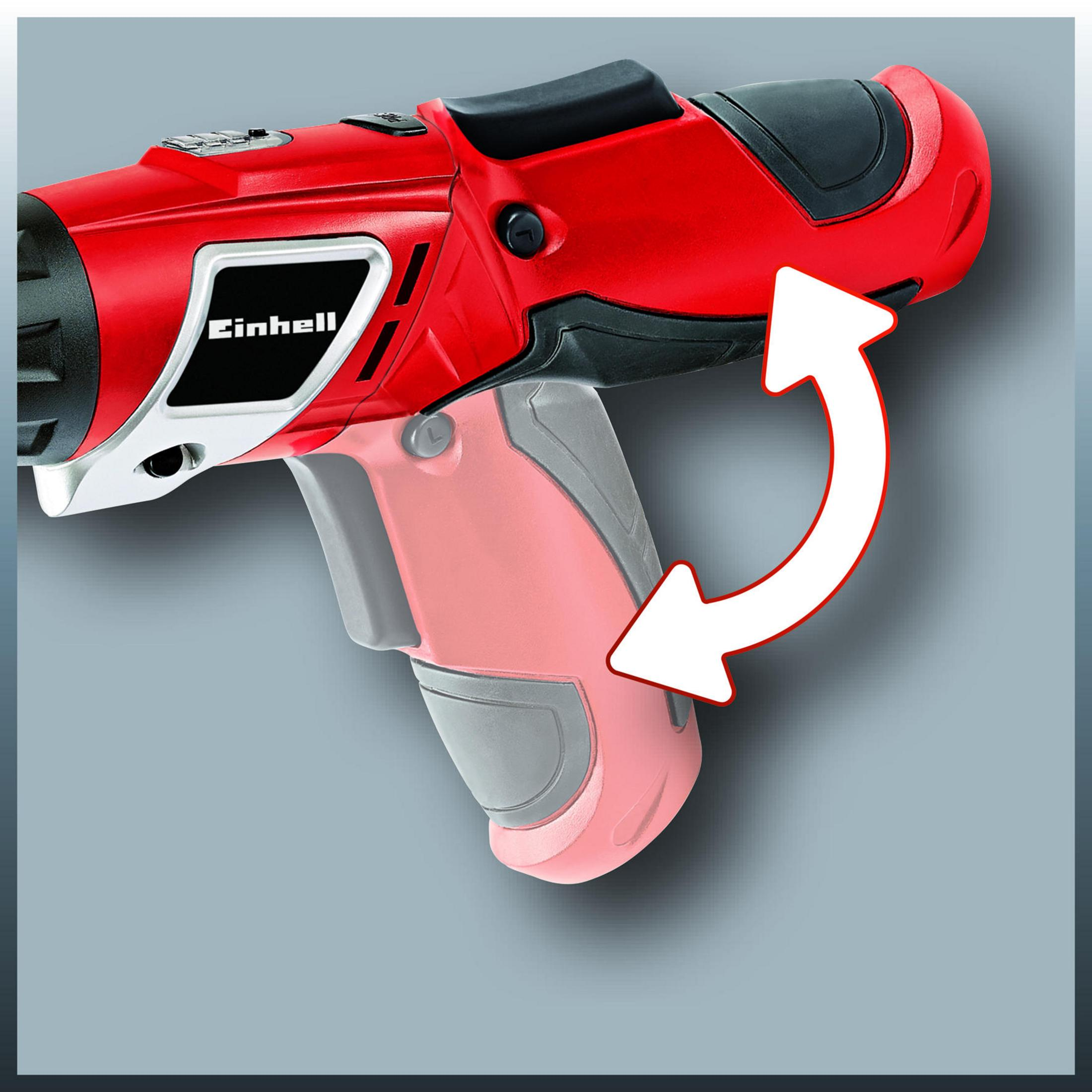 Czerwono-czarne elektronarzędzie Einhell z białą strzałką wskazującą obrót.