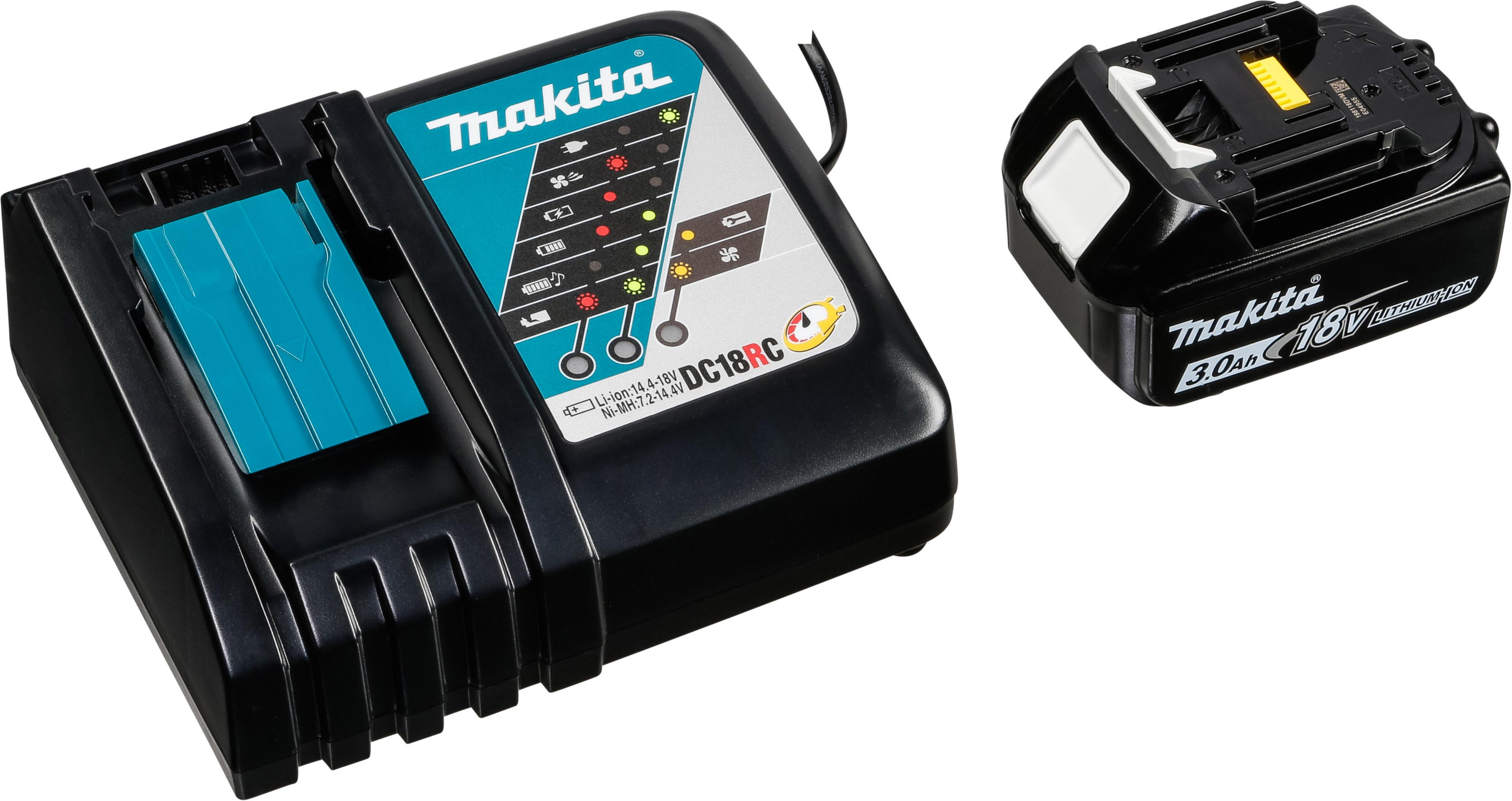Ładowarka i bateria Makita. Ładowarka jest czarna i turkusowa. Bateria jest czarna.
