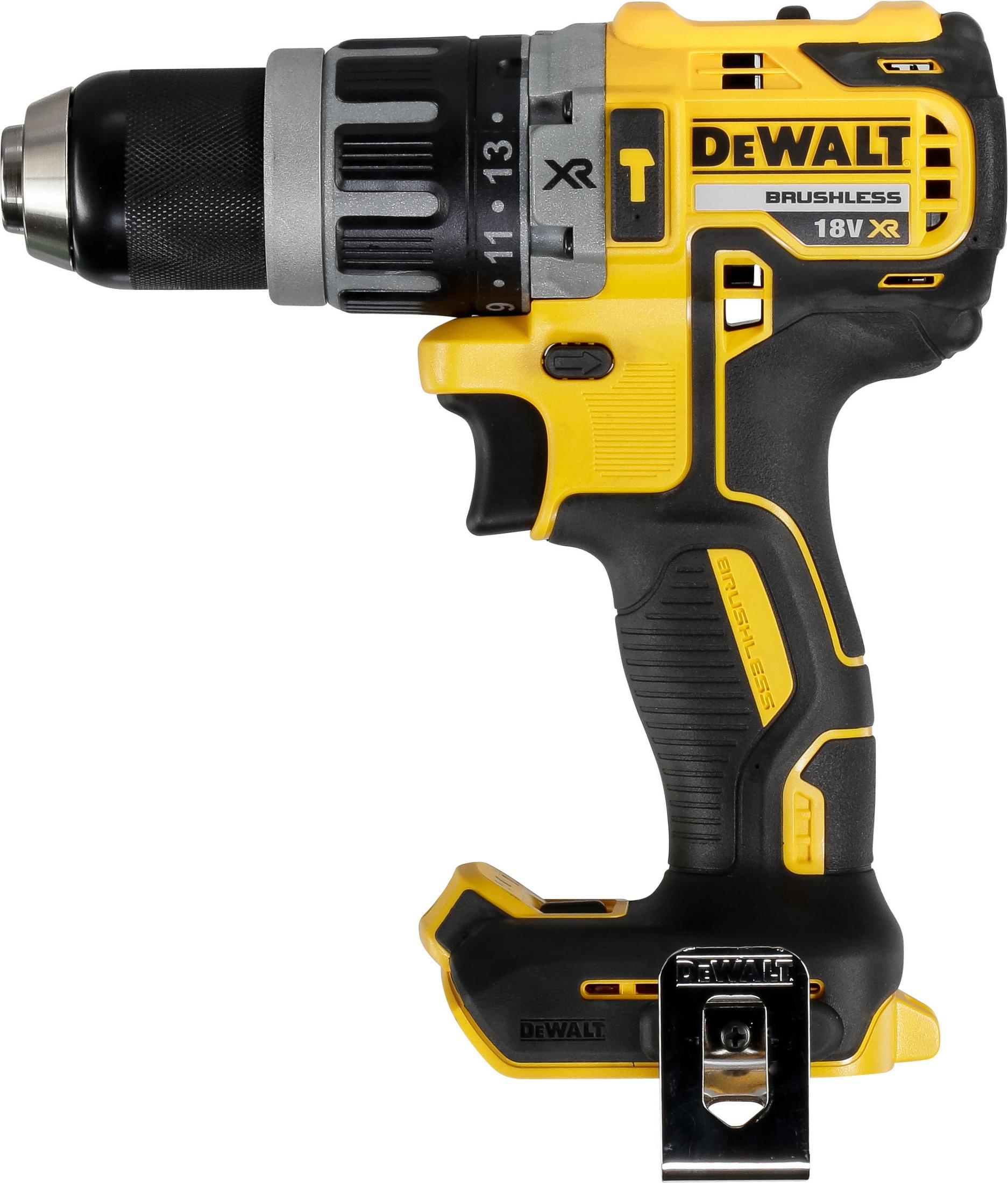 Żółto-czarna wiertarka DeWalt z czarnym uchwytem. Jest bezszczotkowa, z logo DeWalt z boku.