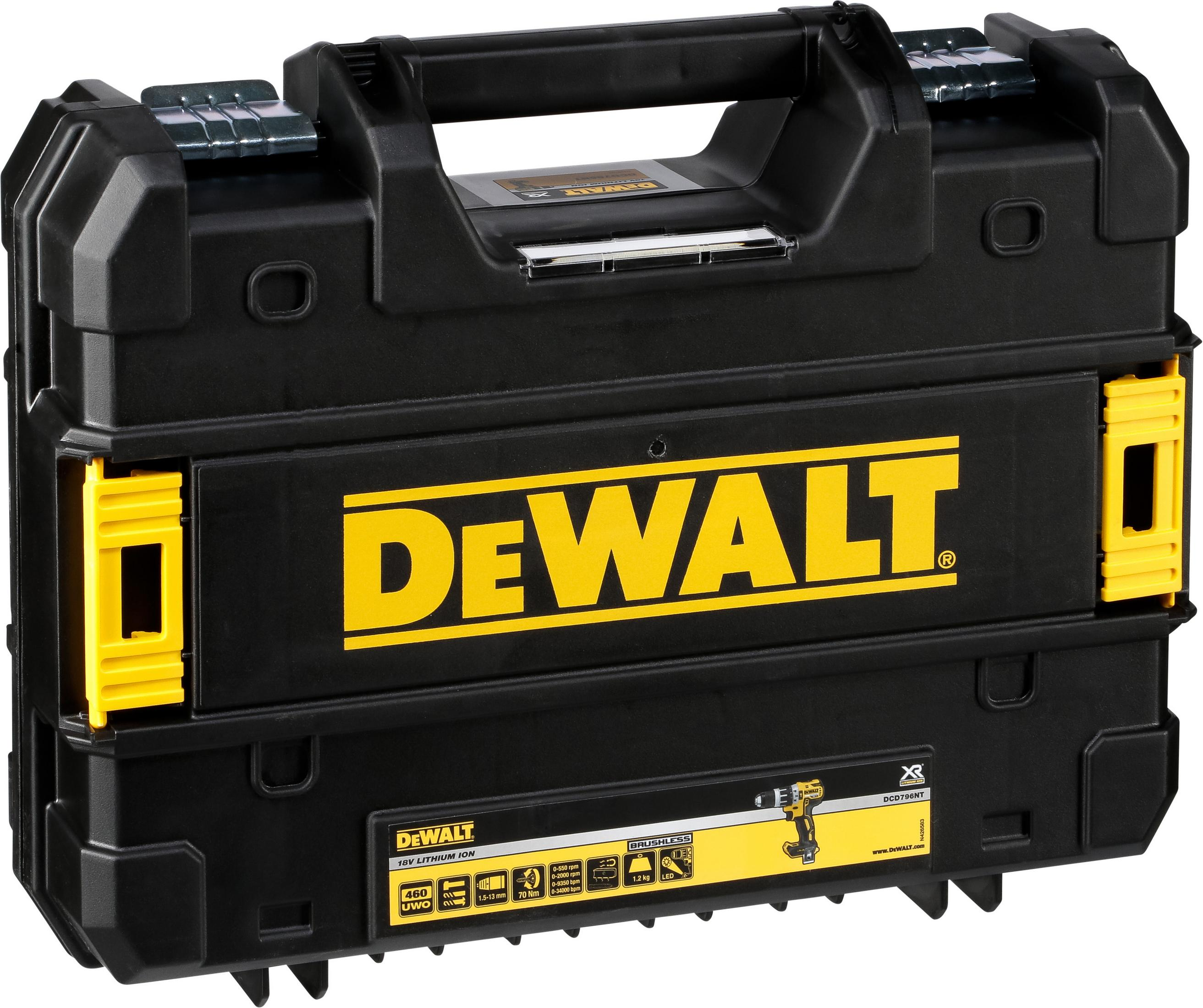 Czarna i żółta walizka na narzędzia Dewalt, zamknięta, z widocznym logo.