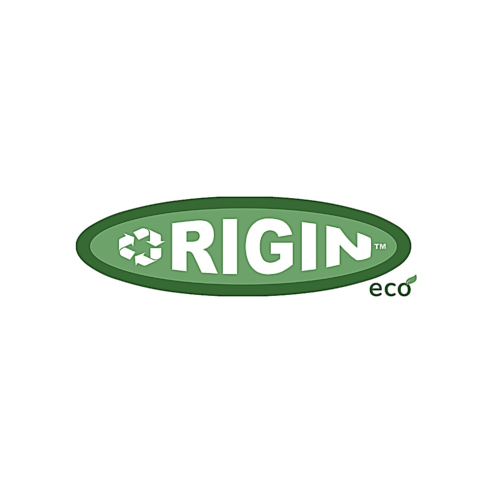 Logo ovale verde con simbolo di riciclo e testo 'ORIGIN'. Sfondo bianco, testo eco.