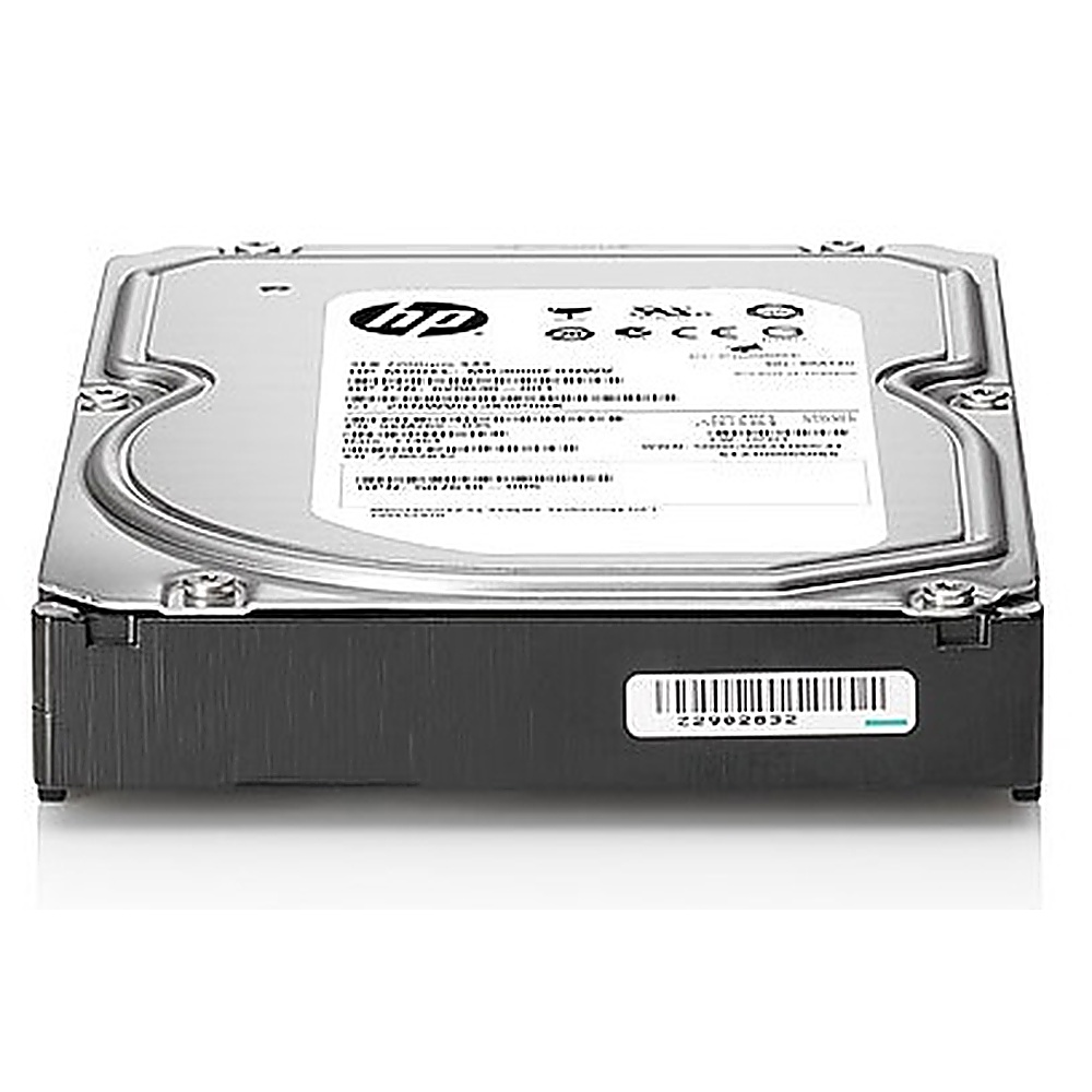 Hard disk HP con etichetta e numero di serie. Cassa argento e nera.