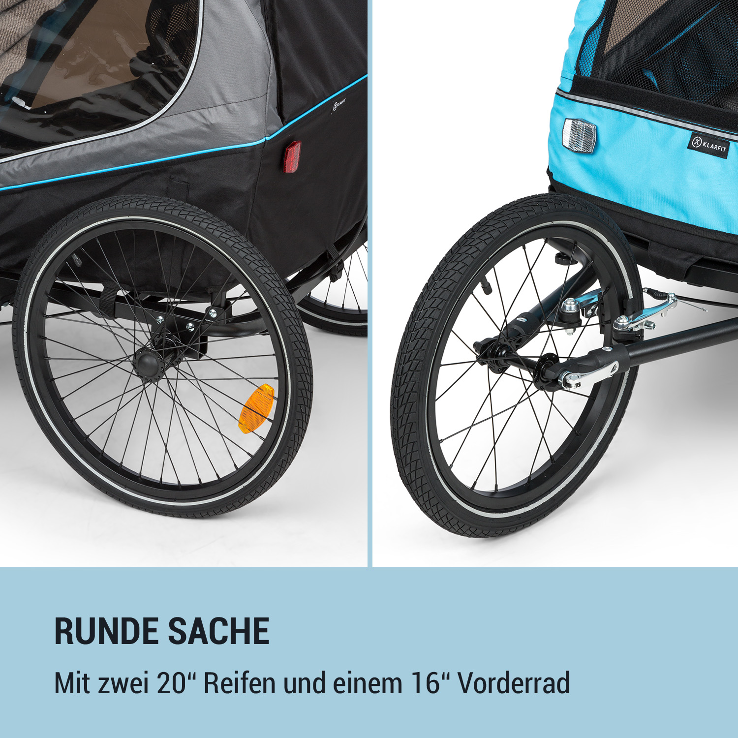 Zwei Fahrradräder. Schwarze Reifen, Speichen. Blauer und schwarzer Anhänger. Weißer Hintergrund.
