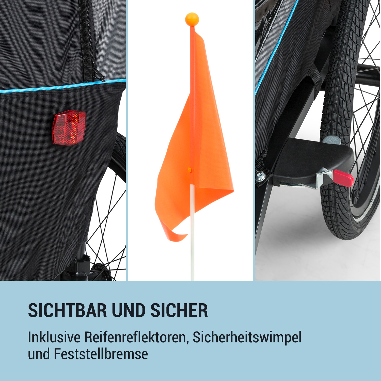 Nahaufnahme eines Fahrradanhängers mit Reflektoren, Sicherheitsfahne und Bremse. Schwarz und Orange.