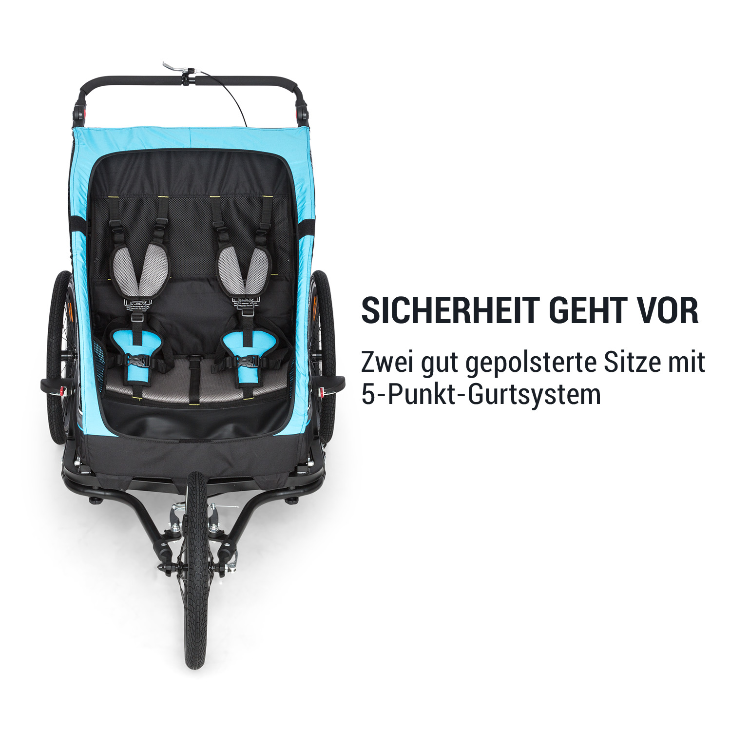 Ein blau-schwarzer Kinderträger mit zwei Sitzen und Text.