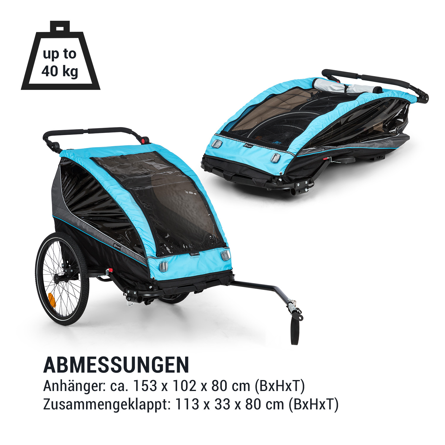 Blau-schwarzer Anhänger für ein Kind mit einer Gewichtsgrenze von 40 kg, mit Abmessungen und gefalteter Ansicht.
