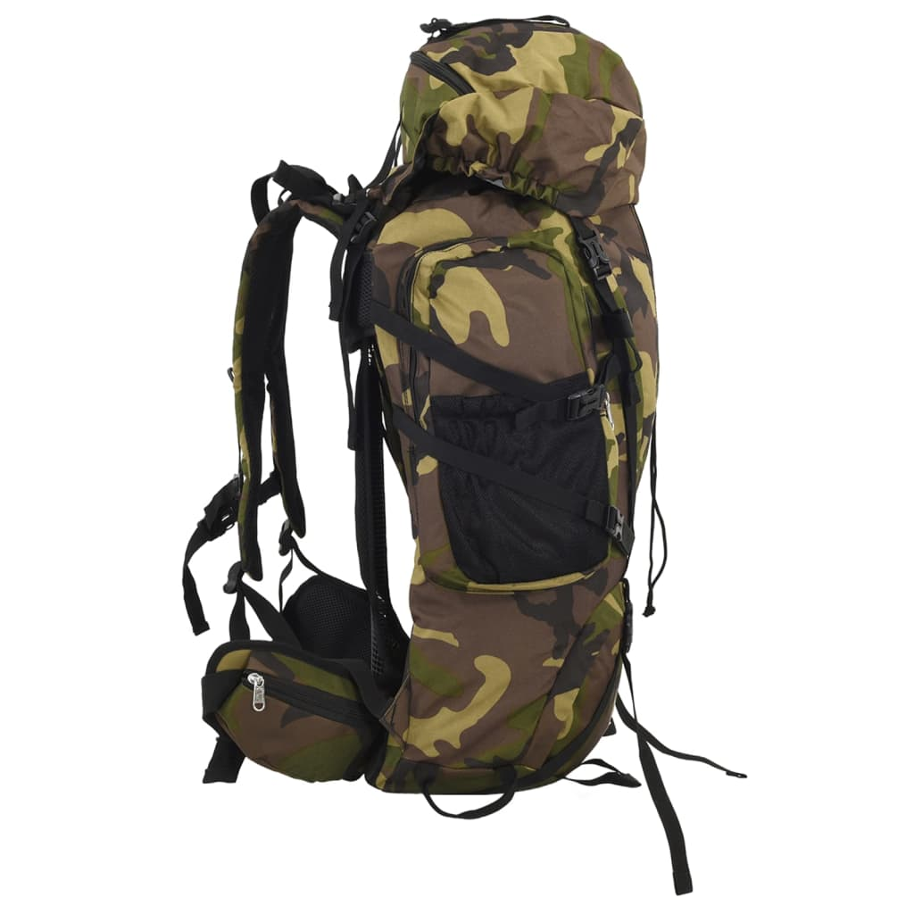 Tarnrucksack mit mehreren Taschen, Gurten und einem großen oberen Fach.